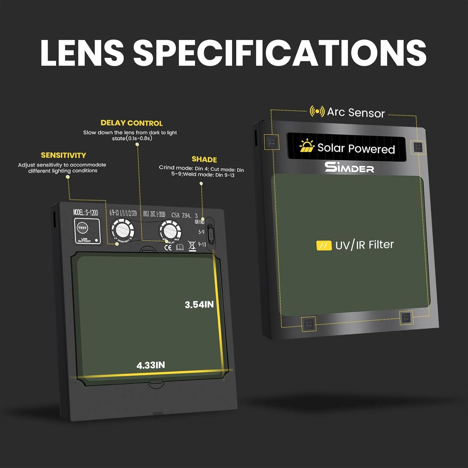 کلاه جوشکاری اتوماتیک SSIMDER با دید بسیار بزرگ 11x9 سانتی متر و رنگ واقعی، ماسک جوشکاری خورشیدی با 4 سنسور قوس، سایه گسترده 4/5-9/9-13 برای جوشکاری تیگ، میگ، قوس، برش و سنگ زنی
