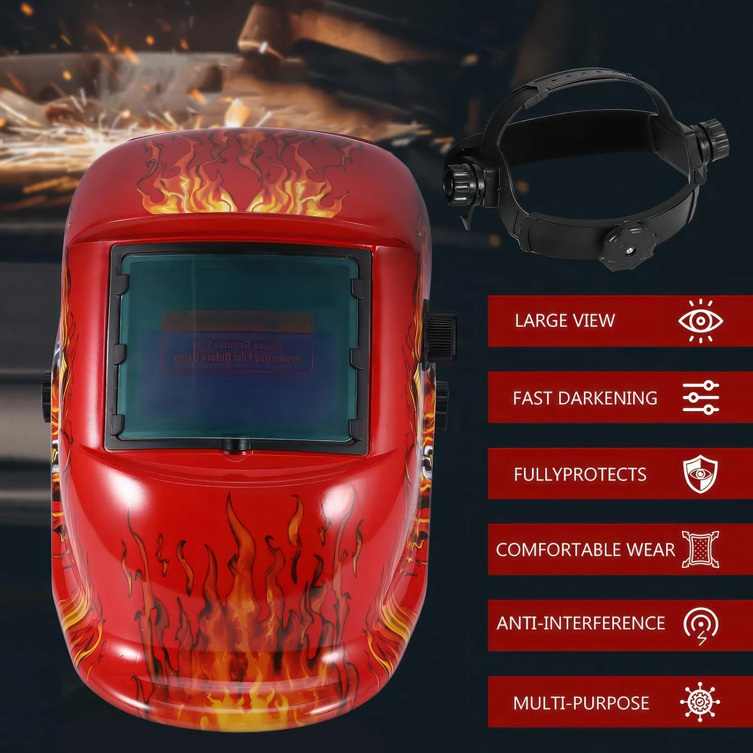 ماسک جوشکاری اتوماتیک تیره شونده، ماسک جوشکاری خورشیدی برای محافظت از چشم و صورت، کلاه ایمنی جوشکاری سبک و راحت قابل تنظیم با محدوده سایه 9-13، برای جوشکاری تیگ، میگ، قوس و سنگ زنی (شعله قرمز)