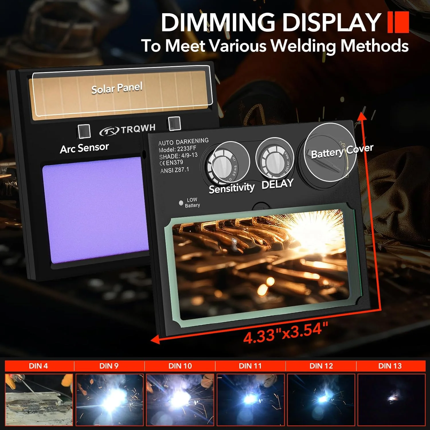 کلاه جوشکاری TRQWH با قابلیت تیره شوندگی خودکار، رنگ واقعی، وضوح اپتیکی عالی 1/1/1/2، سایه گسترده 9-13، ماسک جوشکاری با قابلیت سنگ زنی