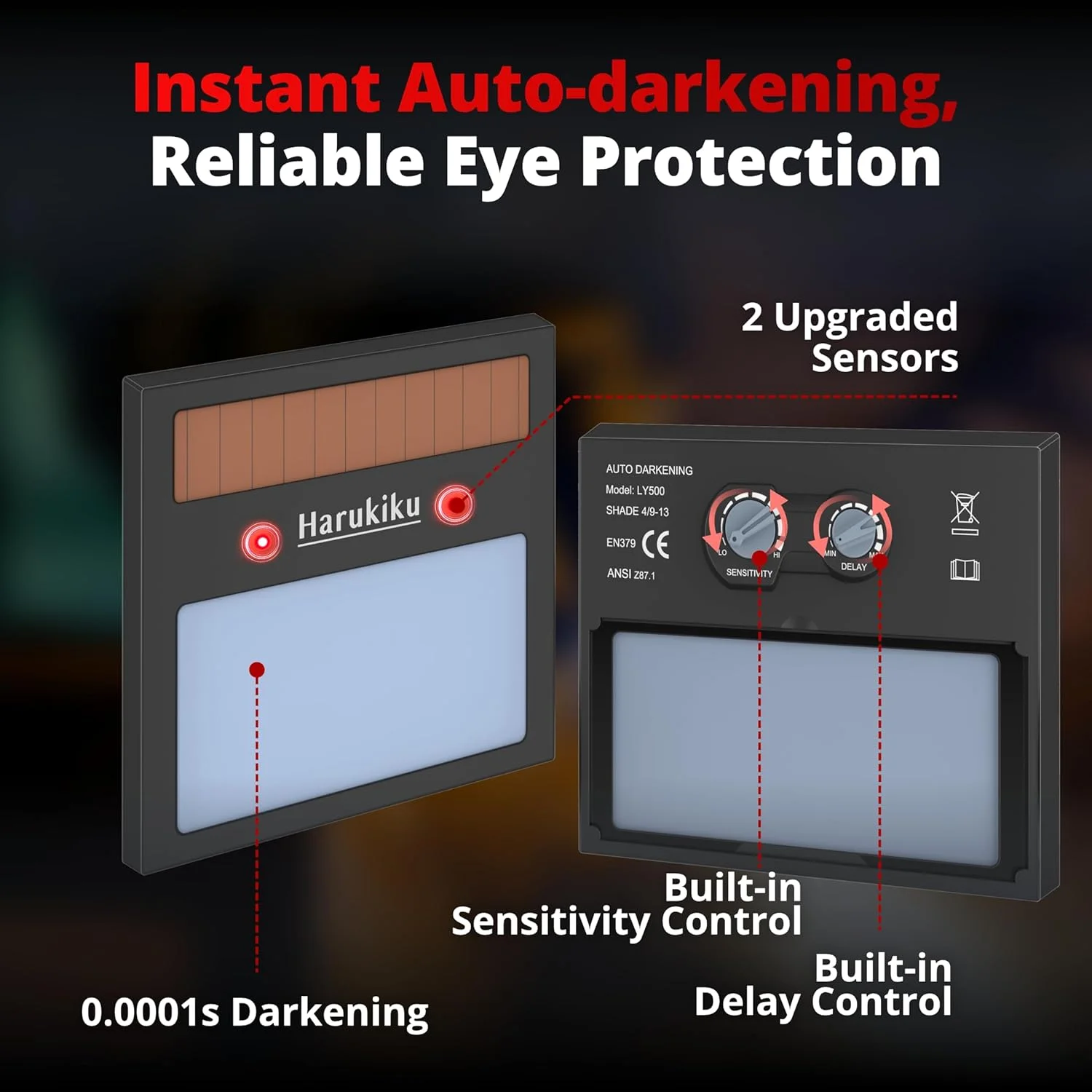 ماسک جوشکاری اتوماتیک با قابلیت تیره شوندگی خودکار و انرژی خورشیدی هاروکیو، سایه گسترده 4/9-13، مناسب برای جوشکاری تیگ، میگ و آرک مدل LY500U