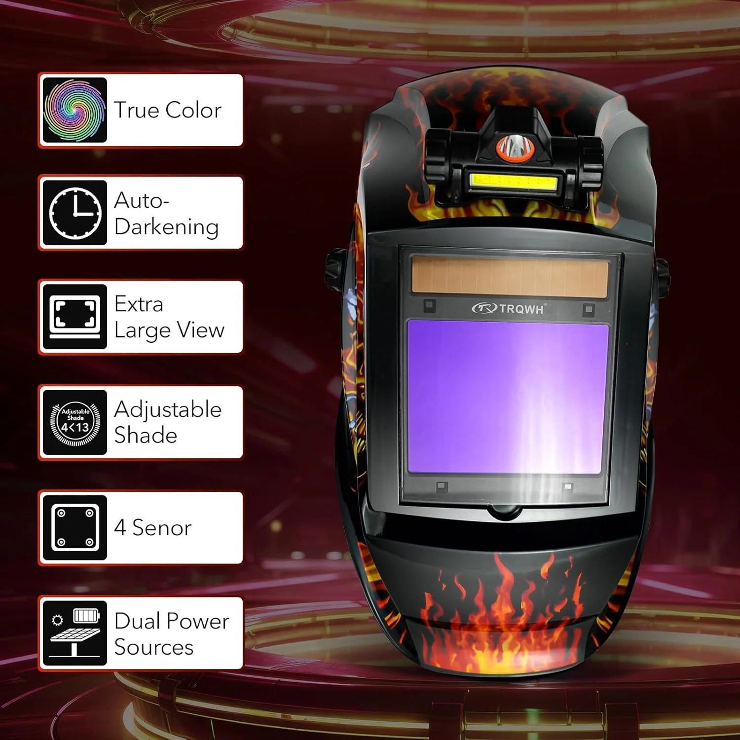 کلاه جوشکاری اتوماتیک تیره شونده TRQWH با نور LED، دید بزرگ، انرژی خورشیدی، رنگ واقعی، 4 سنسور قوس، سایه گسترده 4/5-9/9-13، ماسک جوشکاری برای جوشکاری TIG MIG Arc و سنگ زنی (TRQWH-LE02)