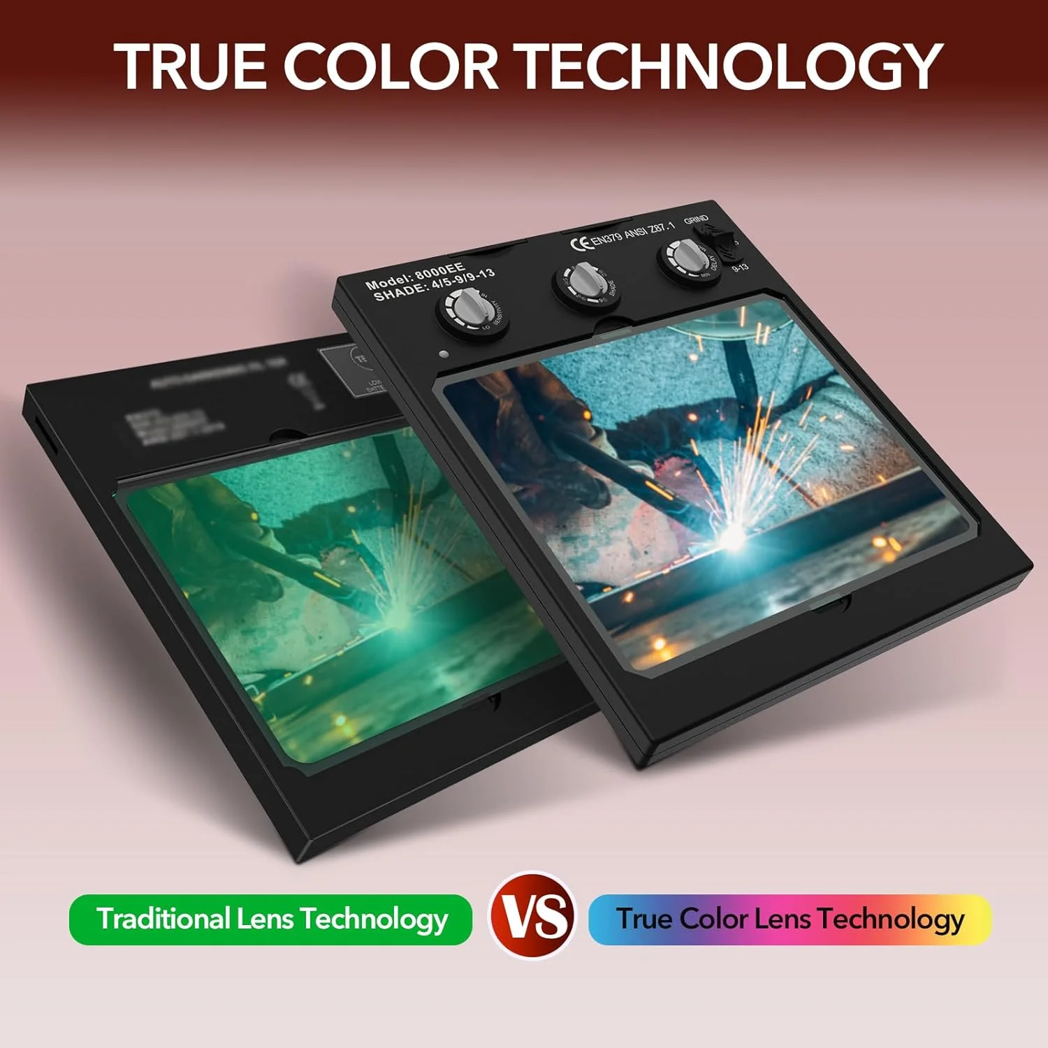 کلاه جوشکاری اتوماتیک تیره شونده TRQWH با نور LED، دید بزرگ، انرژی خورشیدی، رنگ واقعی، 4 سنسور قوس، سایه گسترده 4/5-9/9-13، ماسک جوشکاری برای جوشکاری TIG MIG Arc و سنگ زنی (TRQWH-LE02)