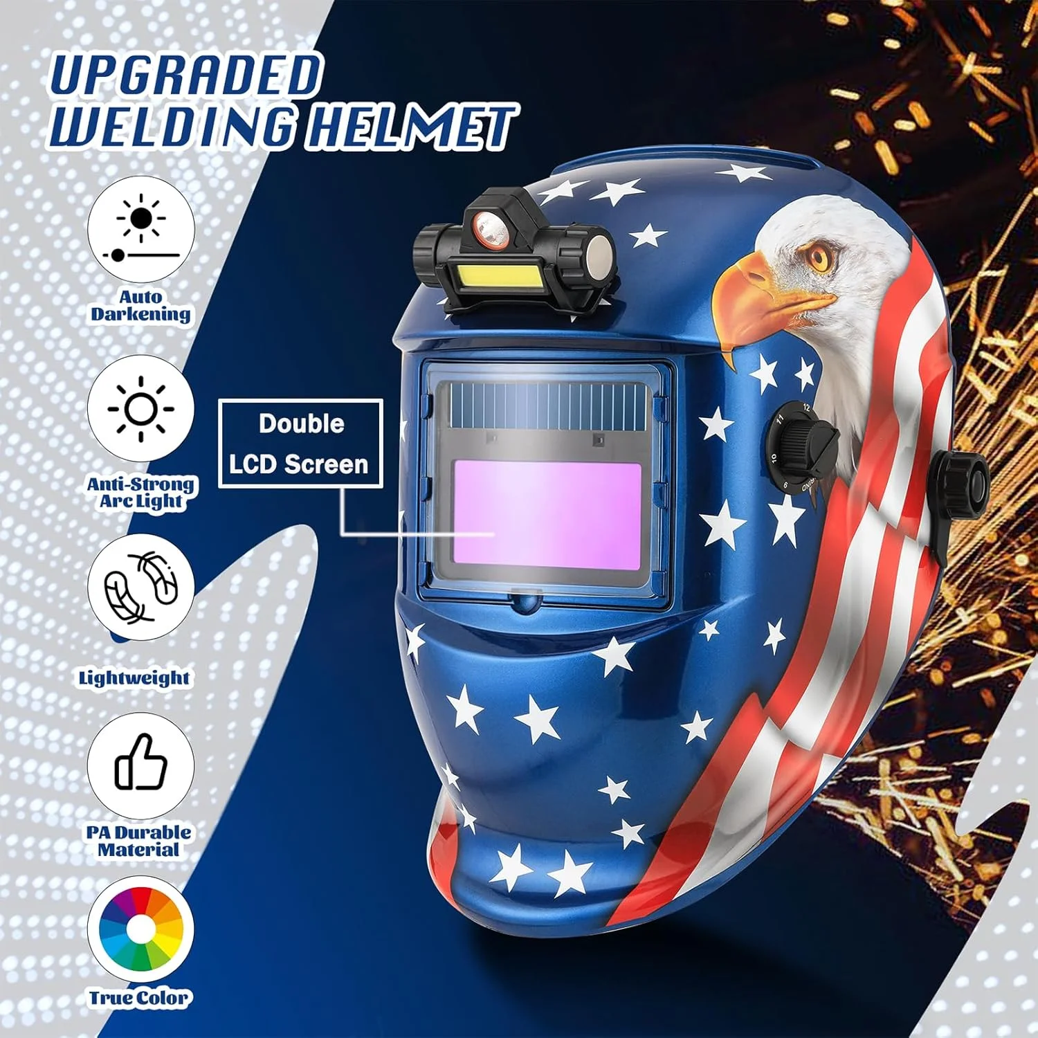 کلاه جوشکاری اتوماتیک تیره شونده WALKEREN WR01B با چراغ LED، نقاب جوشکاری با انرژی خورشیدی با محدوده سایه قابل تنظیم 4/9-13 برای ماسک جوشکاری Mig Tig Arc (عقاب آبی II) کلاه جوشکاری اتوماتیک تیره شونده WALKEREN WR01B با چراغ LED، نقاب جوشکاری با انرژی خورشیدی با محدوده سایه قابل تنظیم 4/9-13 برای ماسک جوشکاری Mig Tig Arc (عقاب آبی II)