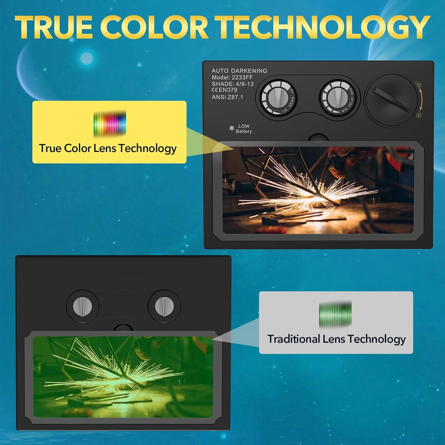 کلاه جوشکاری TRQWH با قابلیت تیره شوندگی خودکار و چراغ LED - کلاه جوشکاری رنگ واقعی با انرژی خورشیدی و 2 سنسور قوس، محدوده سایه قابل تنظیم 4/9-13، ماسک جوشکاری برای جوشکاری تیگ، میگ، آرک، برش پلاسما و سنگ زنی کلاه جوشکاری TRQWH با قابلیت تیره شوندگی خودکار و چراغ LED - کلاه جوشکاری رنگ واقعی با انرژی خورشیدی و 2 سنسور قوس، محدوده سایه قابل تنظیم 4/9-13، ماسک جوشکاری برای جوشکاری تیگ، میگ، آرک، برش پلاسما و سنگ زنی