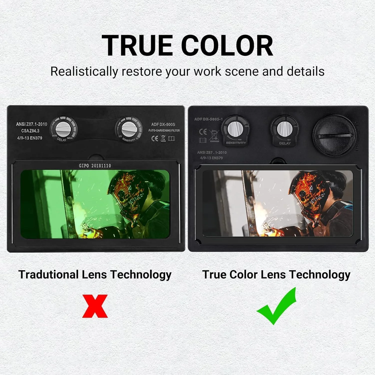 ماسک جوشکاری DEKO: تیره شونده خودکار، رنگ واقعی خورشیدی، کلاه ایمنی جوشکاری