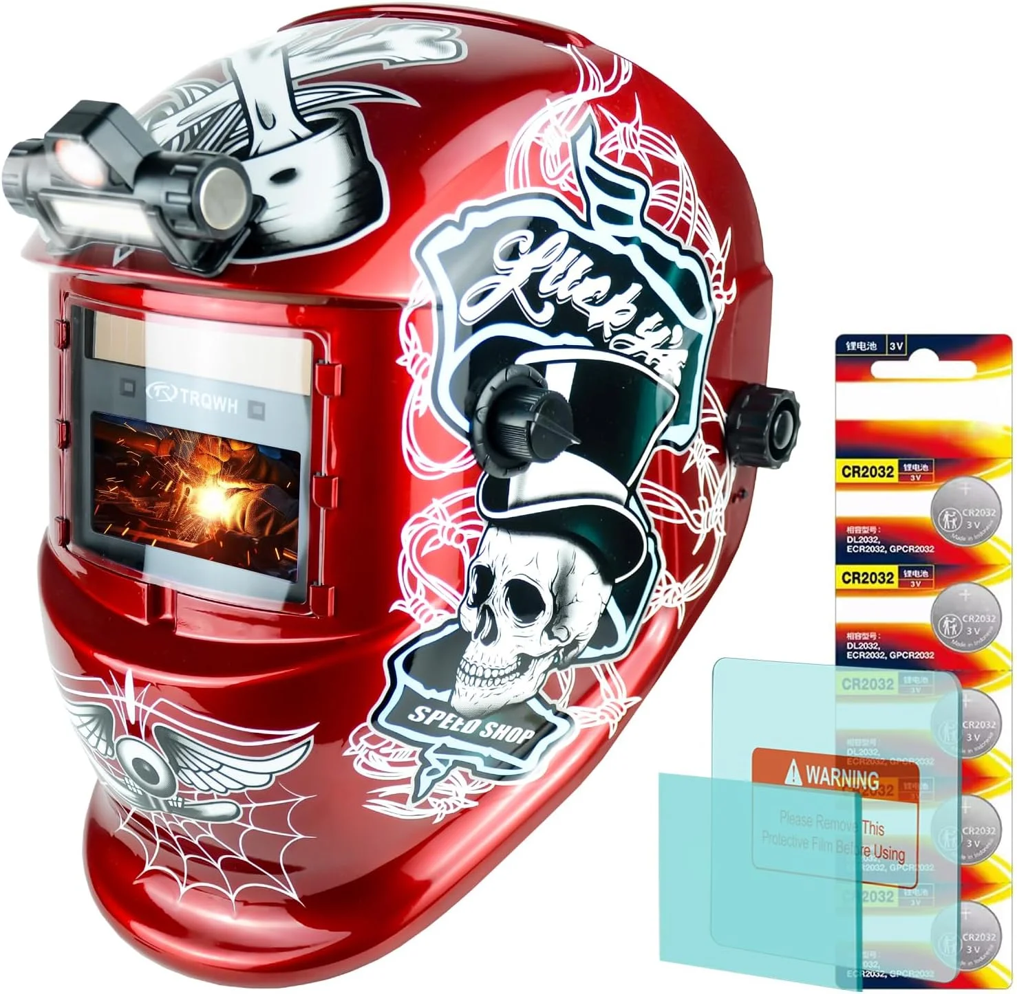 کلاه جوشکاری اتوماتیک TRQWH، ماسک جوشکاری با انرژی خورشیدی و رنگ واقعی، ماسک جوشکاری با 2 سنسور قوس، سایه گسترده 9-13، کلاه جوشکاری طرح جمجمه آتشین با قابلیت سنگ زنی و برش برای MIG TIG ARC