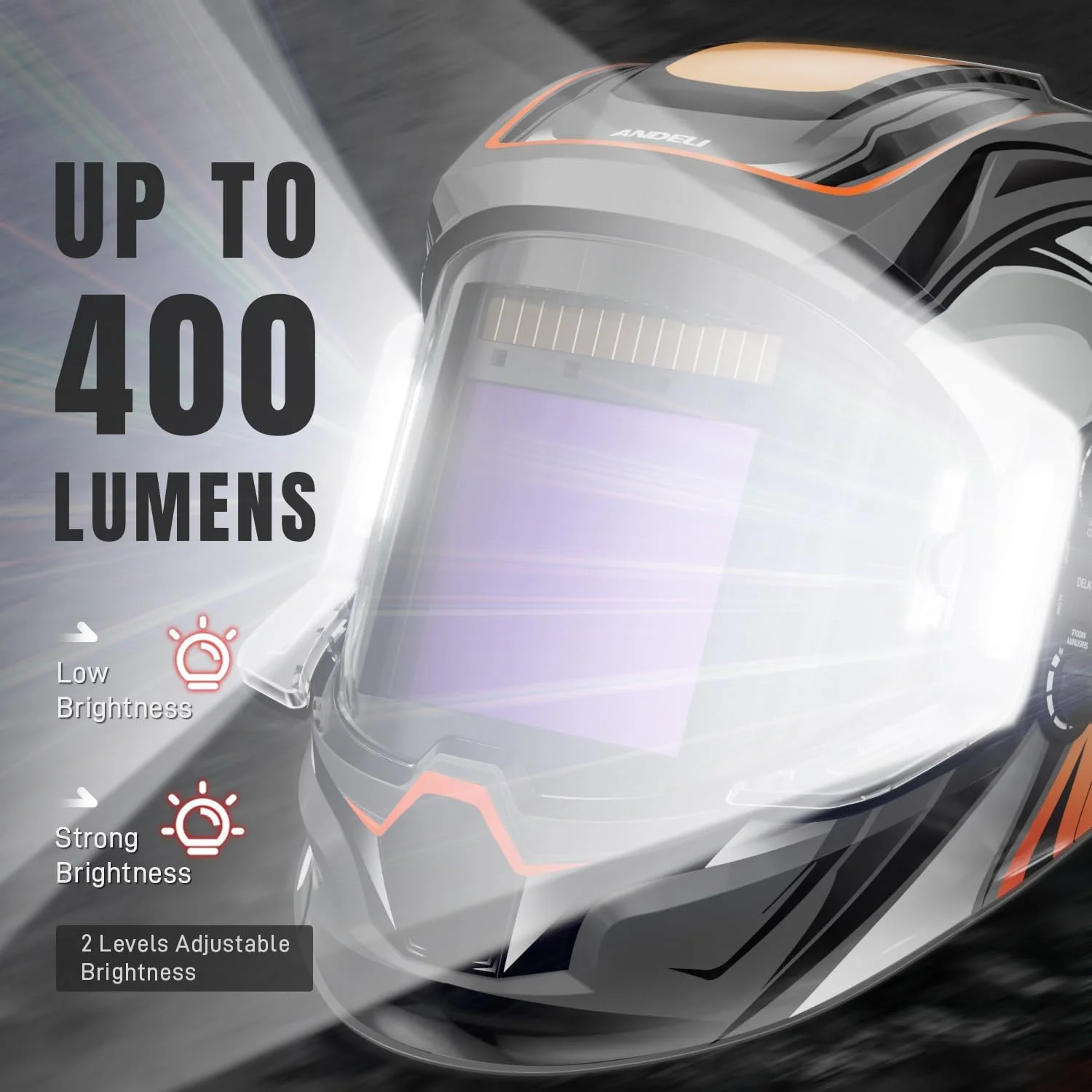 کلاه جوشکاری ANDELI با چراغ، دید پانوراما 180 درجه 3.94"X3.74" کلاه جوشکاری با تیره شدن خودکار رنگ واقعی با 4 سنسور قوس جوشکاری کلاه جوشکاری مردانه برای جوشکاری TIG MIG ARC