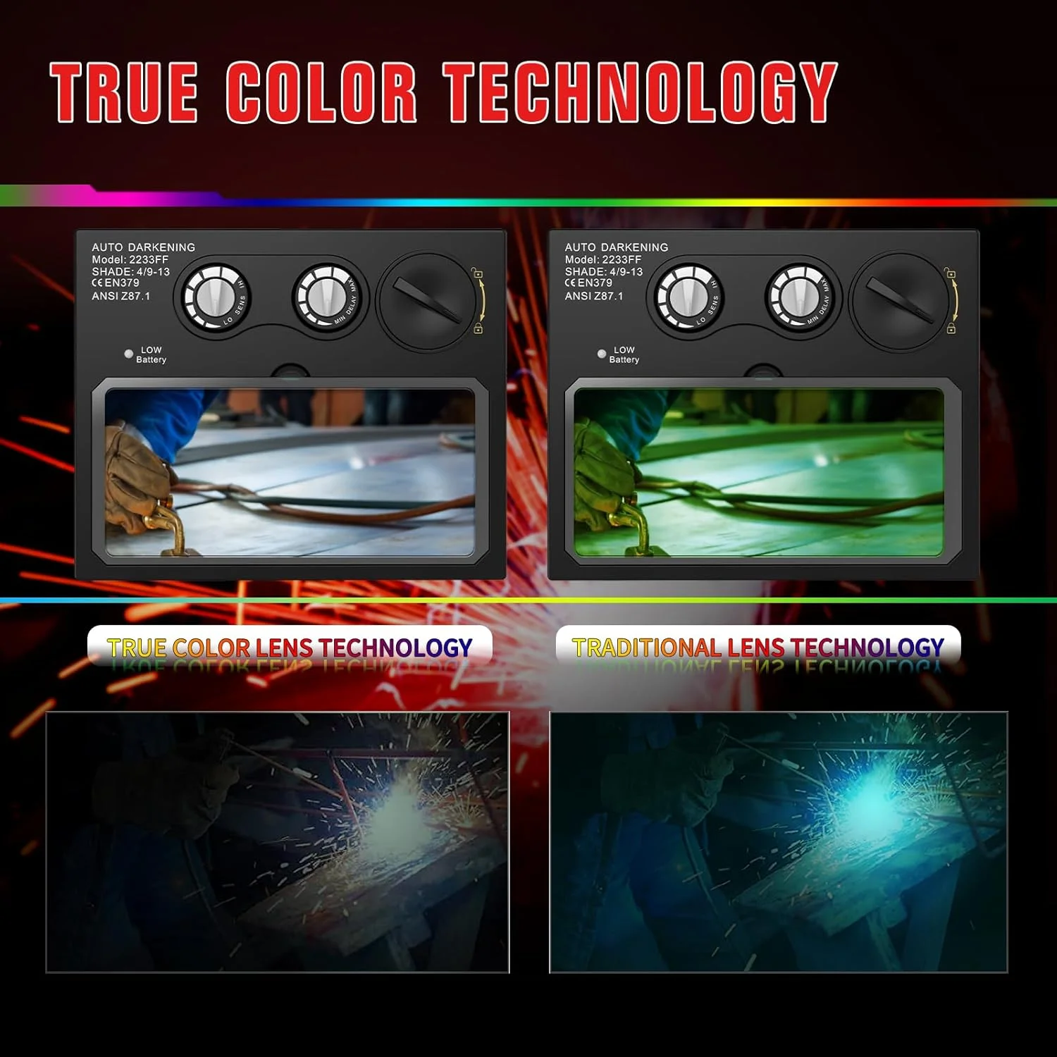 کلاه جوشکاری اتوماتیک TRQWH، ماسک جوشکاری با انرژی خورشیدی و رنگ واقعی، ماسک جوشکاری با 2 سنسور قوس، سایه گسترده 9-13، کلاه جوشکاری طرح جمجمه آتشین با قابلیت سنگ زنی و برش برای MIG TIG ARC