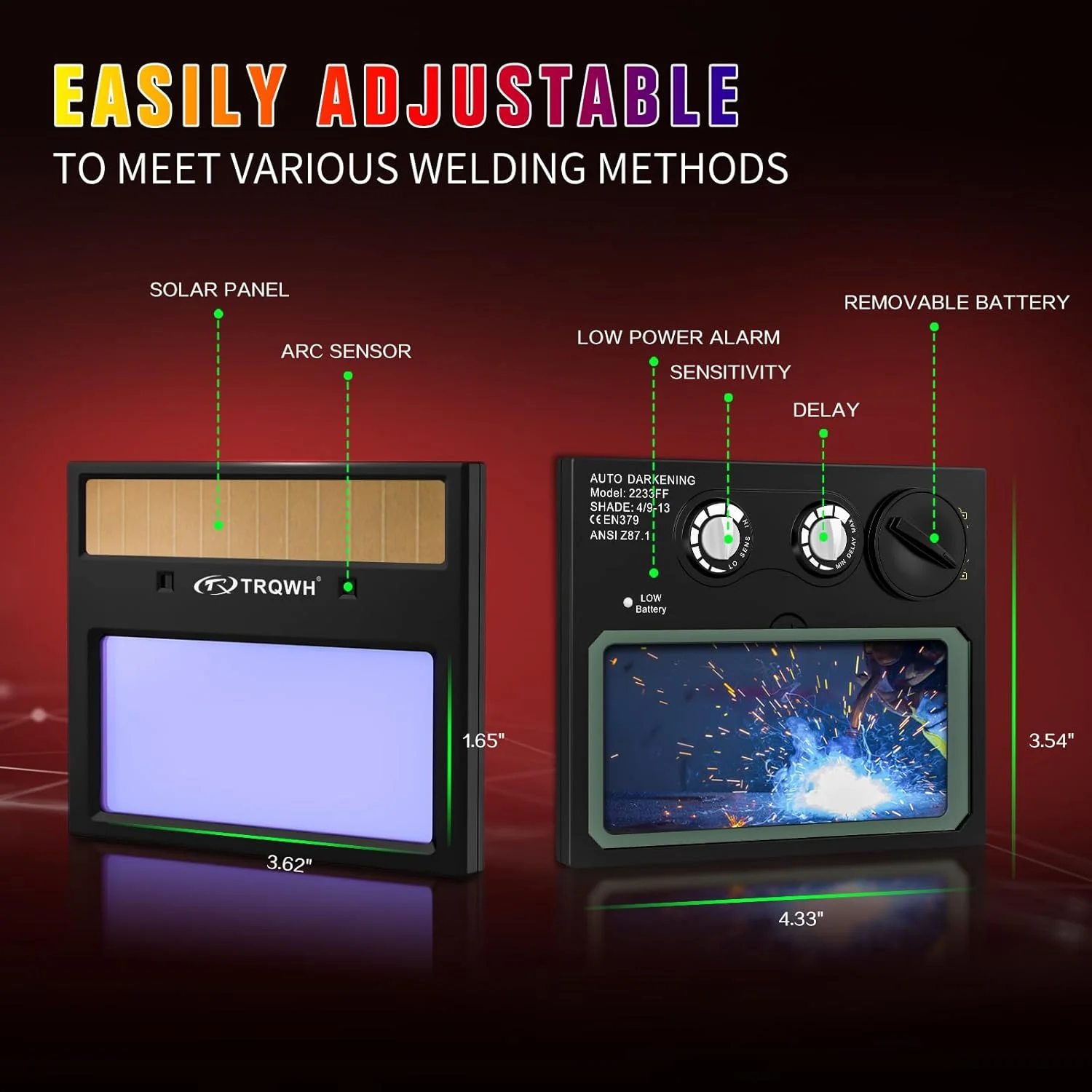 کلاه جوشکاری اتوماتیک TRQWH، ماسک جوشکاری با انرژی خورشیدی و رنگ واقعی، ماسک جوشکاری با 2 سنسور قوس، سایه گسترده 9-13، کلاه جوشکاری طرح جمجمه آتشین با قابلیت سنگ زنی و برش برای MIG TIG ARC
