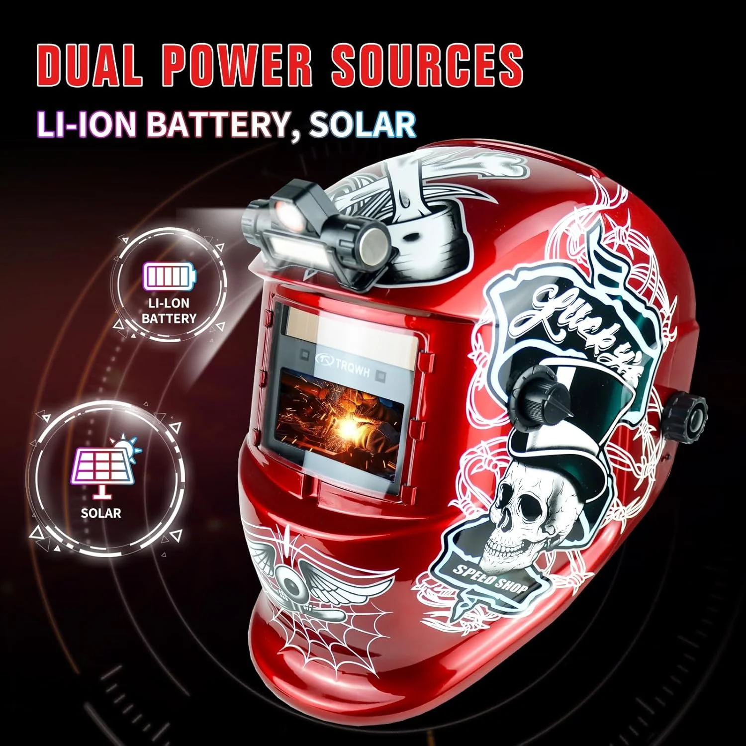 کلاه جوشکاری اتوماتیک TRQWH، ماسک جوشکاری با انرژی خورشیدی و رنگ واقعی، ماسک جوشکاری با 2 سنسور قوس، سایه گسترده 9-13، کلاه جوشکاری طرح جمجمه آتشین با قابلیت سنگ زنی و برش برای MIG TIG ARC