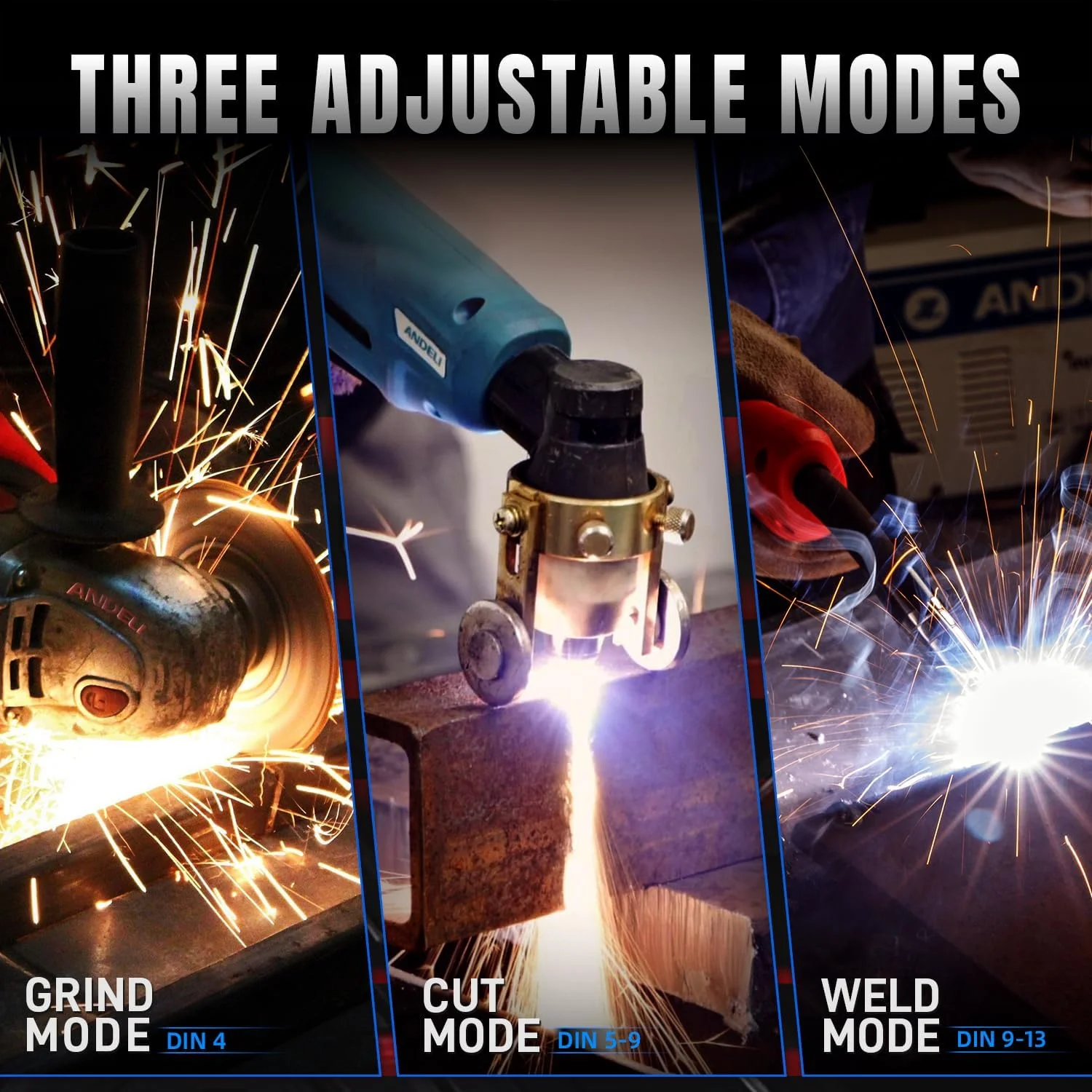 کلاه جوشکاری ANDELI با چراغ، دید پانوراما 180 درجه 3.94"X3.74" کلاه جوشکاری با تیره شدن خودکار رنگ واقعی با 4 سنسور قوس جوشکاری کلاه جوشکاری مردانه برای جوشکاری TIG MIG ARC