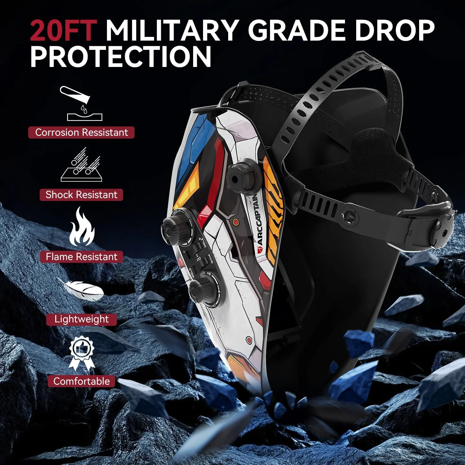 کلاه جوشکاری اتوماتیک ARCCAPTAIN، صفحه نمایش بزرگ 3.94"X3.66" با رنگ واقعی، دارای 4 سنسور قوس خورشیدی، سایه گسترده 4-5/5-9/9-13 (مبارز سیار)