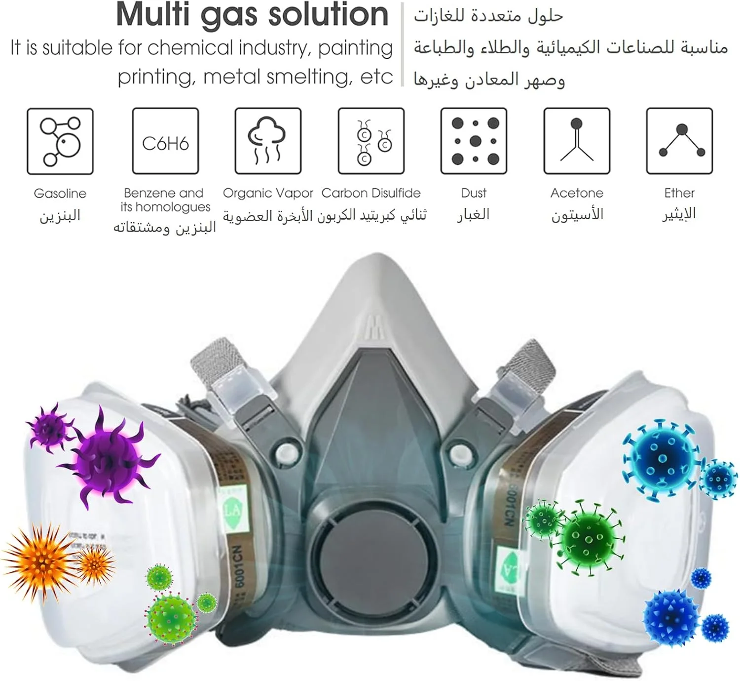 Professional Half Face Gas Mask with Safety Glasses - Reusable Respirator for Dust, Chemicals, Pesticides & Organic Vapors - Ideal for Painters, DIY Projects, Industrial Safety & Chemical Protection