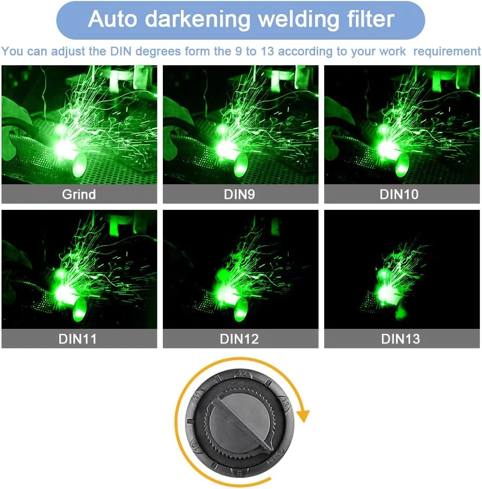 Anesty Welding Helmet Auto Darkening Solar Powered Welder Helmet with 6 Replacement Lens + Welding Gloves, Adjustable Shade 4/9-13 for TIG MIG ARC Weld Grinding, Welding Mask Hood Helmet
