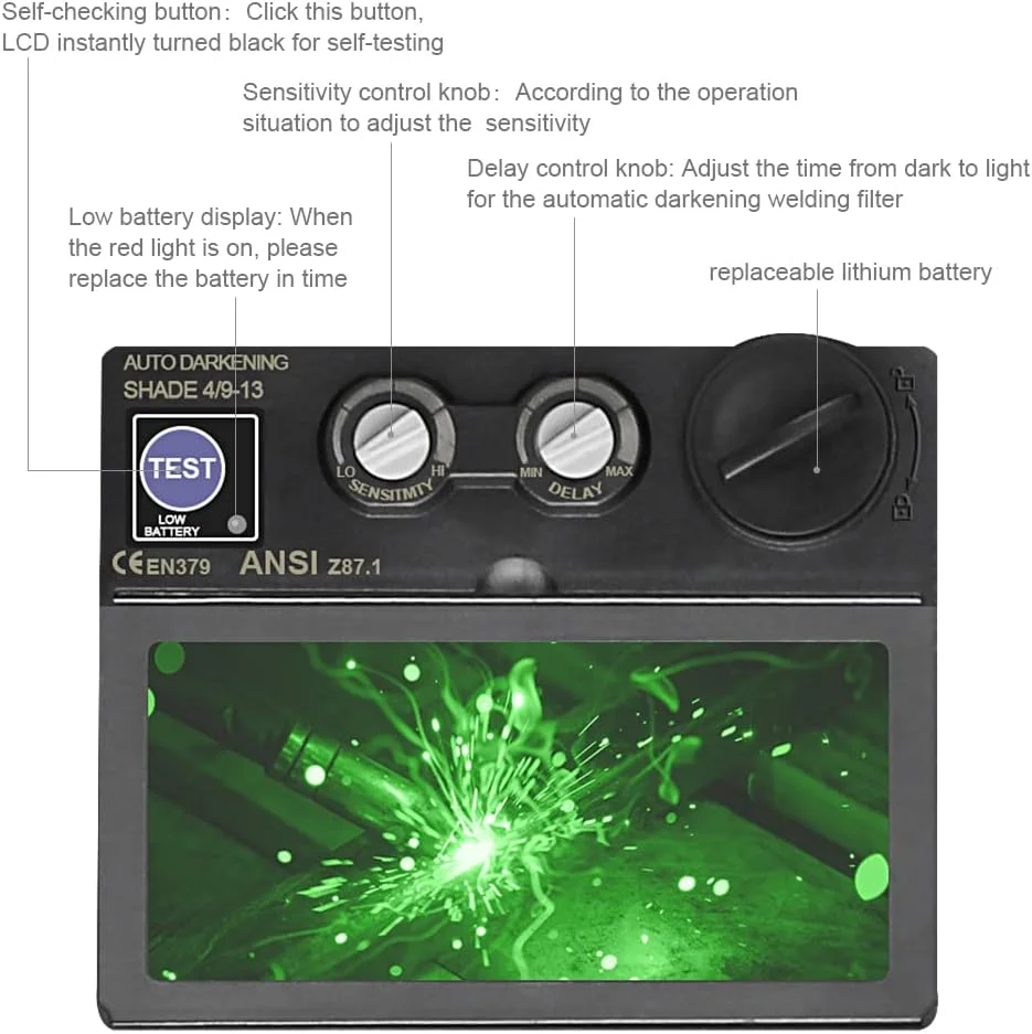 Anesty Welding Helmet Auto Darkening Solar Powered Welder Helmet with 6 Replacement Lens + Welding Gloves, Adjustable Shade 4/9-13 for TIG MIG ARC Weld Grinding, Welding Mask Hood Helmet