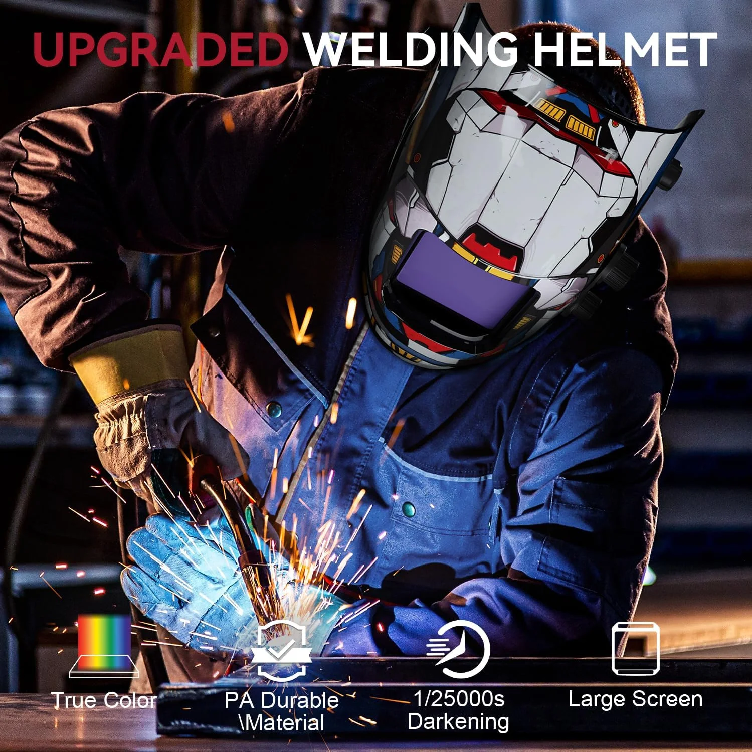 کلاه جوشکاری اتوماتیک ARCCAPTAIN، صفحه نمایش بزرگ 3.94"X3.66" با رنگ واقعی، دارای 4 سنسور قوس خورشیدی، سایه گسترده 4-5/5-9/9-13 (مبارز سیار)