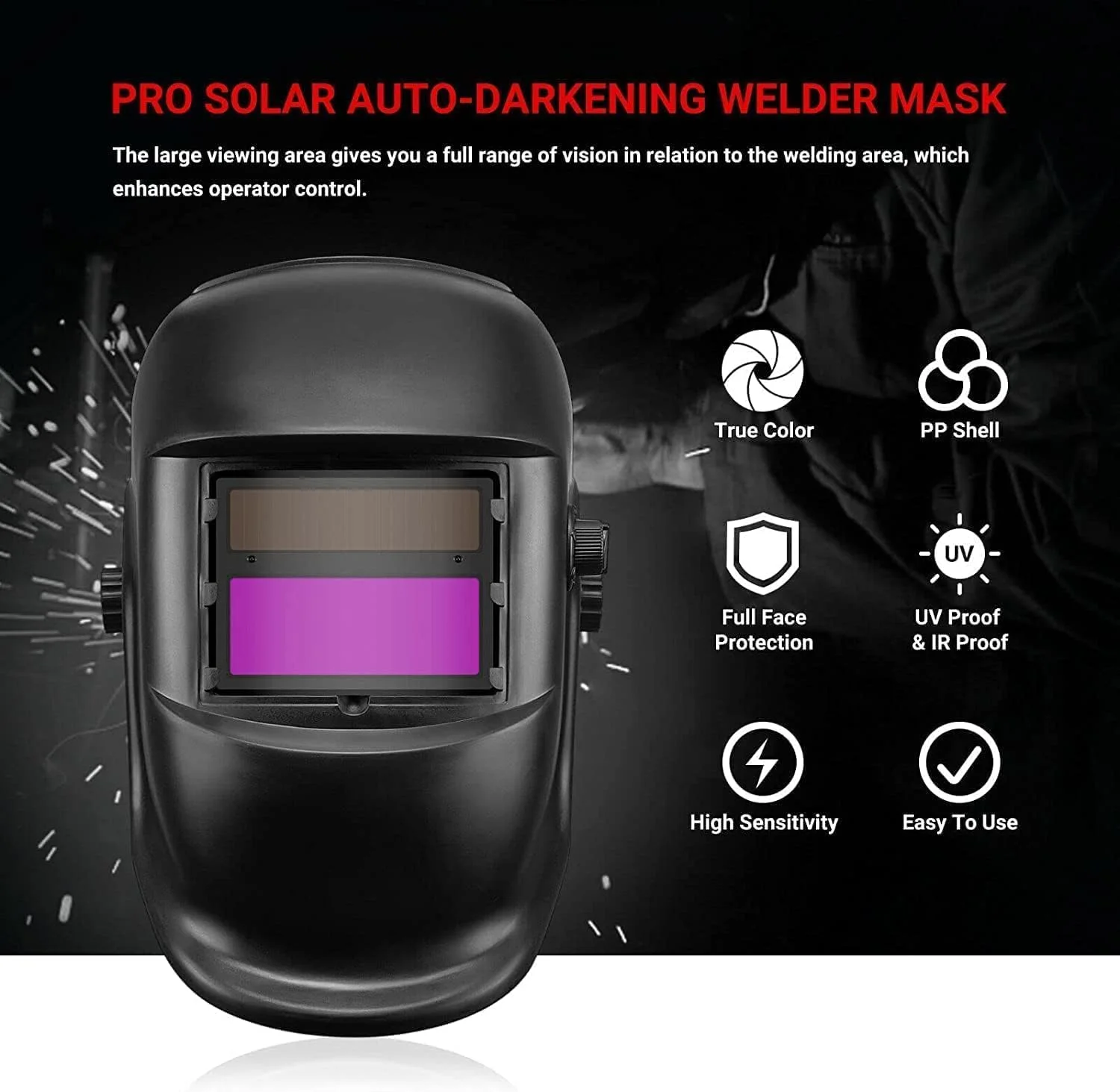 ماسک جوشکاری اتوماتیک YOUWE7 با قابلیت تنظیم و تیرگی خودکار، کلاه جوشکاری رنگ واقعی با انرژی خورشیدی، محدوده سایه گسترده 19-24 سانتی متر برای جوشکاری تیگ، میگ، آرک، برش پلاسما و سنگ زنی (فیلم محافظ * 10)