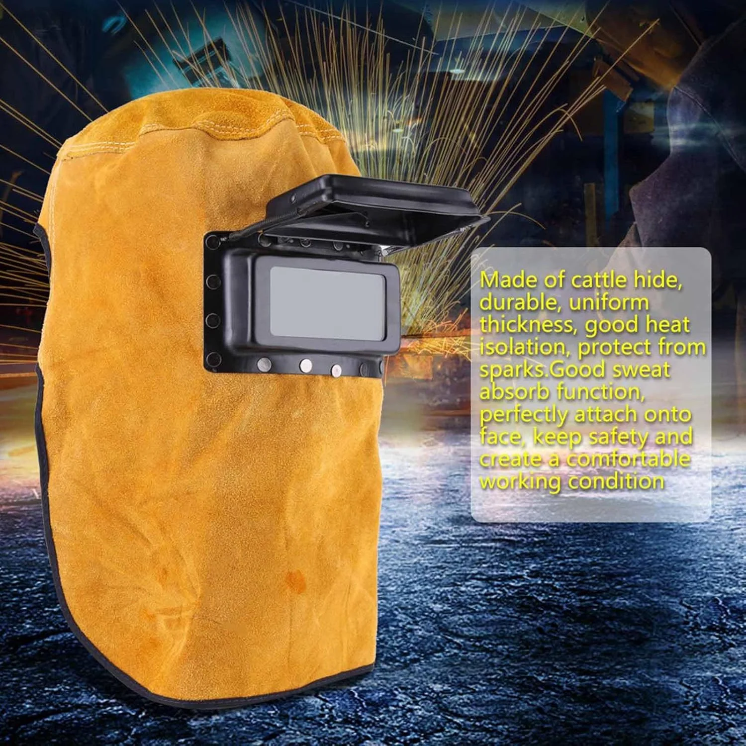 ماسک جوشکاری Denash، کلاه ایمنی جوشکاری چرمی با دور سر 60 سانتی متر، مقاوم در برابر حرارت، ماسک محافظ جوشکاری تنفسی با لنز، برای محافظت از چشم، صورت و گردن