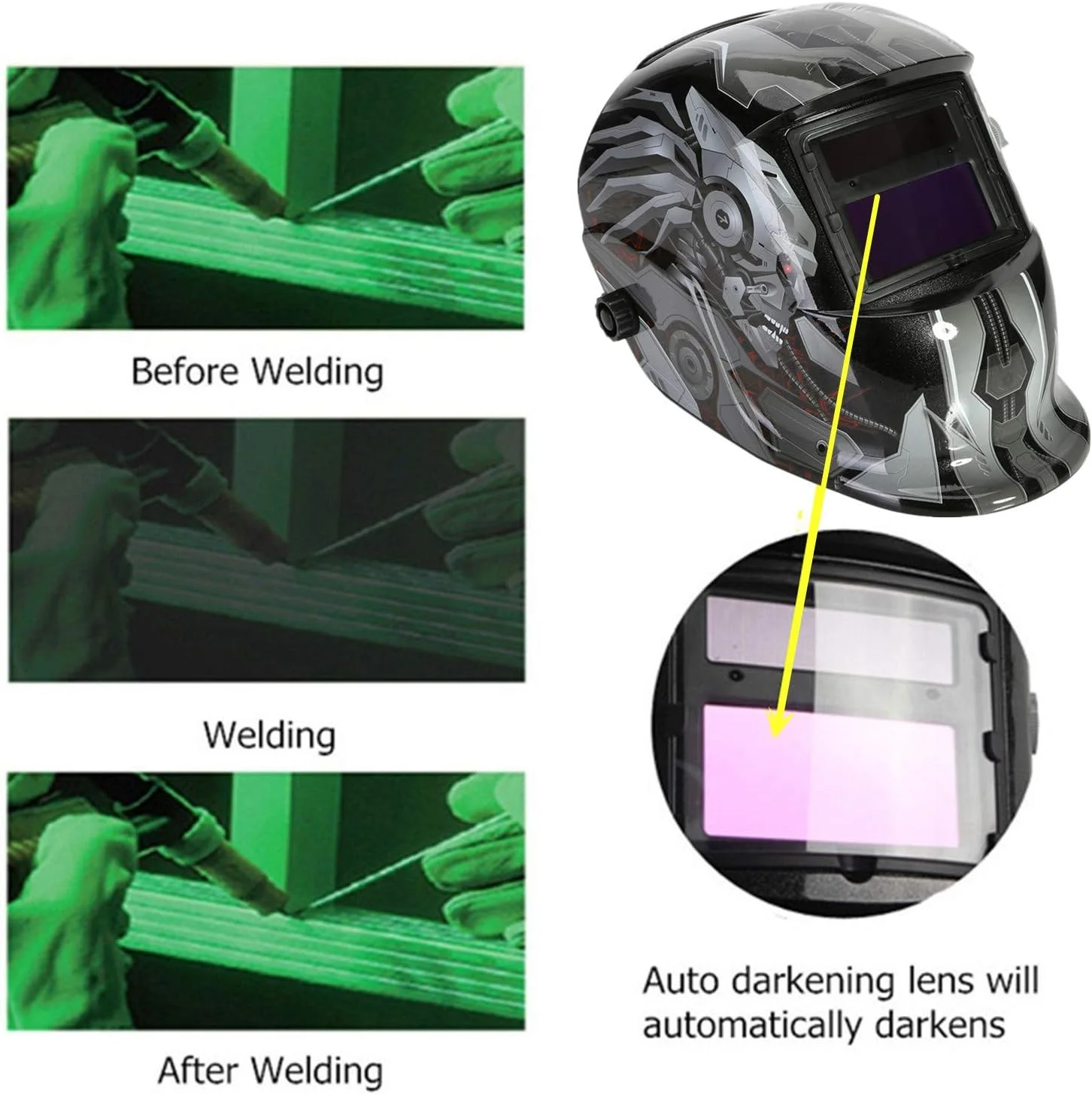ماسک جوشکاری اتوماتیک LESOLEIL - کلاه جوشکاری با انرژی خورشیدی به همراه 2 لنز جایگزین و 2 سنسور فیلتر سایه قابل تنظیم DIN9-13 برای جوشکاری Mig Tig Arc