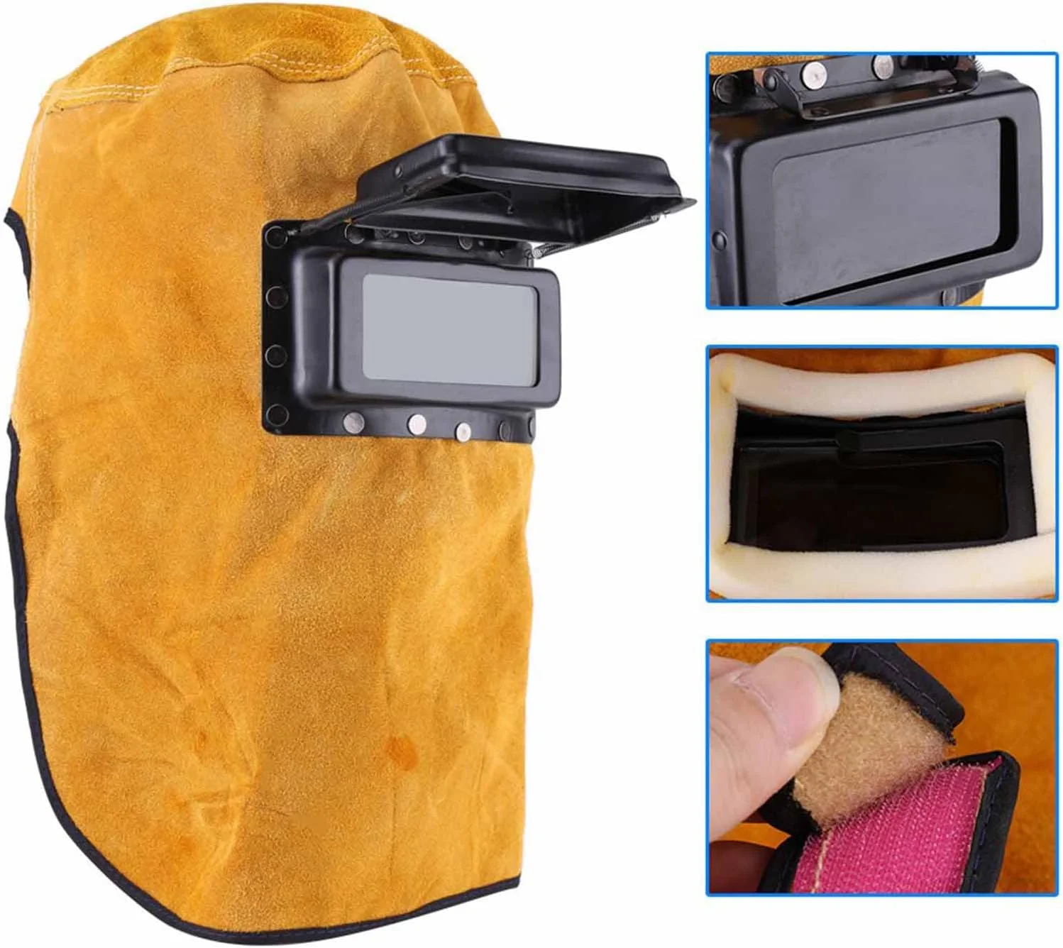 ماسک جوشکاری Denash، کلاه ایمنی جوشکاری چرمی با دور سر 60 سانتی متر، مقاوم در برابر حرارت، ماسک محافظ جوشکاری تنفسی با لنز، برای محافظت از چشم، صورت و گردن