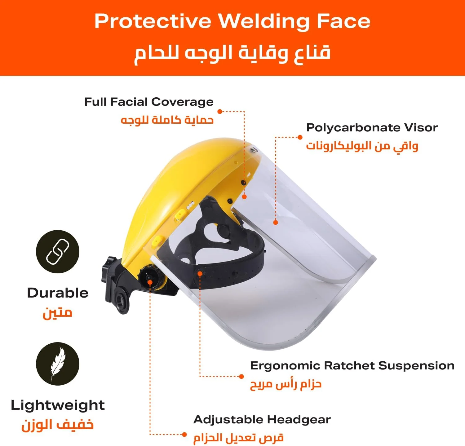 محافظ صورت جوشکاری شفاف فیتو با فیلم شفاف و قاب زرد | ضد پاشش، محافظت کامل از صورت | ماسک ایمنی سبک وزن، قابل تنظیم و بادوام برای جوشکاری، سنگ زنی و برش