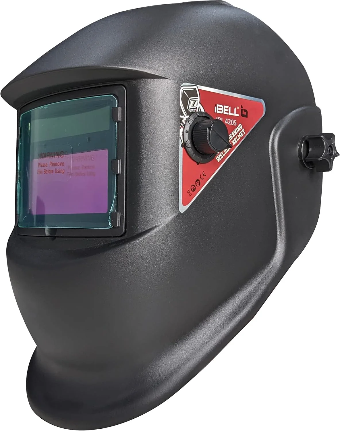 ماسک جوشکاری اتوماتیک تیره شونده iBELL مدل IBL 420S – با منبع تغذیه خورشیدی و باتری، 2 سنسور قوس، سایه قابل تنظیم DIN 9-13، حالت سنگ زنی، محافظت در برابر اشعه ماوراء بنفش/مادون قرمز – برای جوشکاری MIG، TIG، MMA (محدوده دید 93×43 میلی متر)