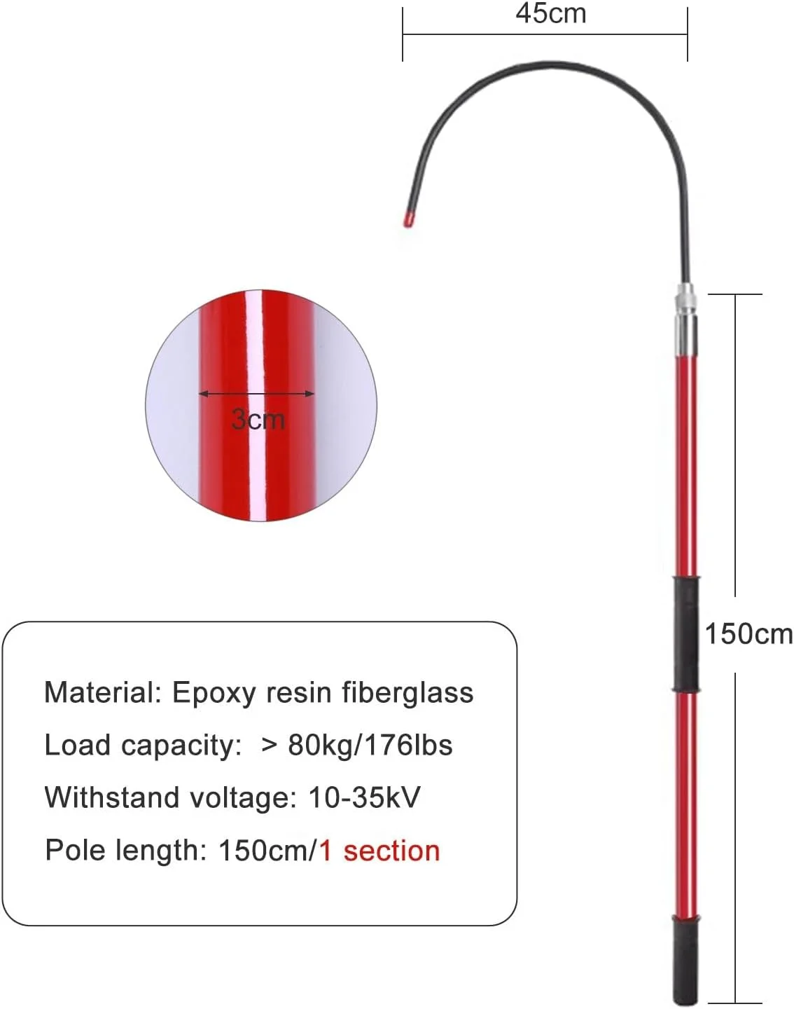 قلاب نجات اضطراری شوک الکتریکی Wzmazingly، ابزار برقی قابل حمل، تجهیزات محافظتی عایق ولتاژ بالا برای ایمنی الکتریکی (قرمز، 150 سانتی متر)