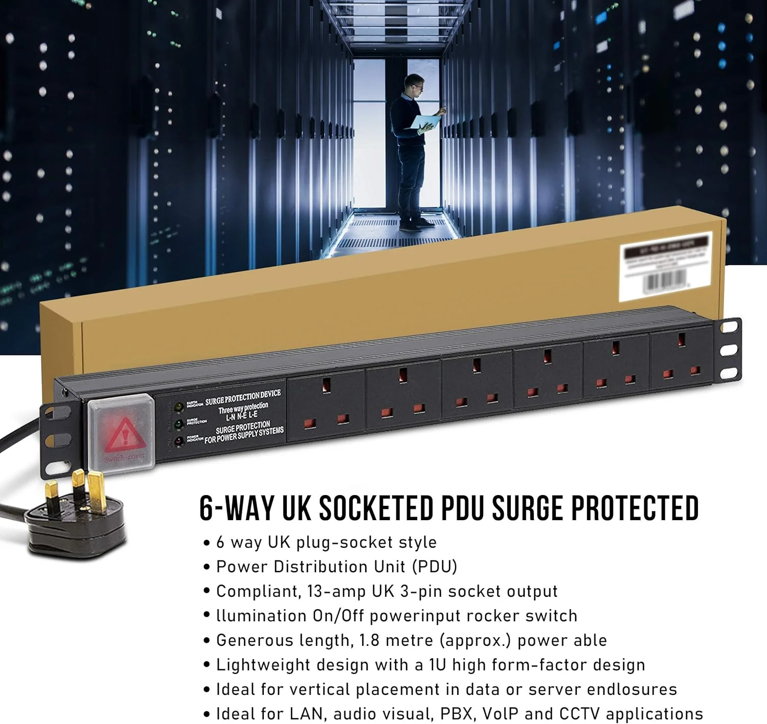 واحد توزیع برق 6 راهه افقی 13 آمپر سوئیچ دار Lms Data با پوشش سوئیچ، چند شاخه، ایستگاه شارژ برقی. ساخته شده از آلیاژ آلومینیوم با قابلیت نصب در رک و محافظ برق