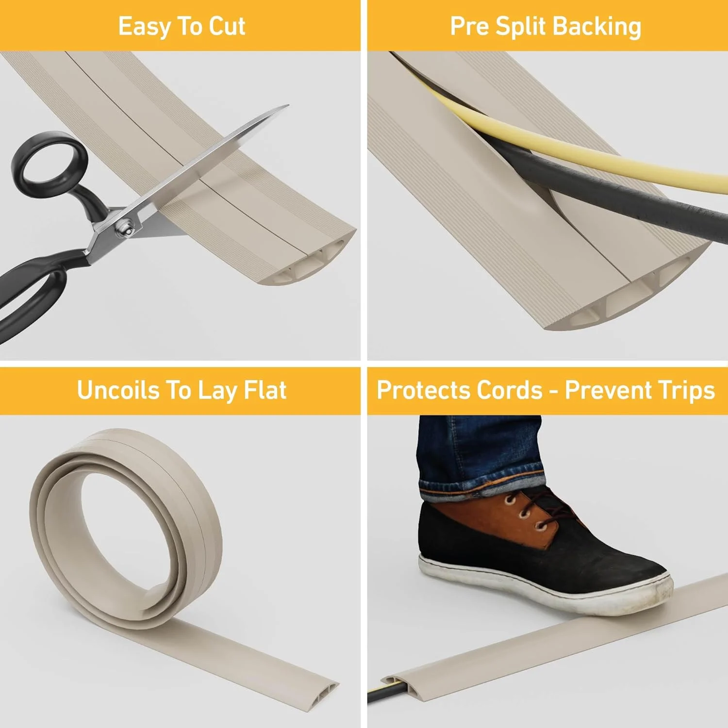 محافظ کابل زمینی D-Line به طول 6 فوت، محافظ سیم، پنهان کننده سیم های رابط، محافظت از سیم ها، جلوگیری از گیر کردن کابل، محافظ سیم سنگین - فضای کابل = 0.63 اینچ (عرض) x 0.31 اینچ (ارتفاع) - بژ