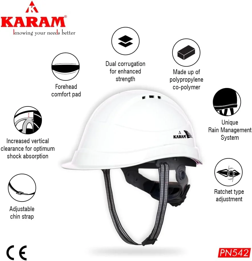 کلاه ایمنی کارام دارای نشان استاندارد ISI برای ساخت و ساز و فعالیت های فضای باز | دارای بند چانه قابل تنظیم و تنظیم نوع جغجغه ای | کلاه سخت سبک وزن، راحت و بادوام | PN542