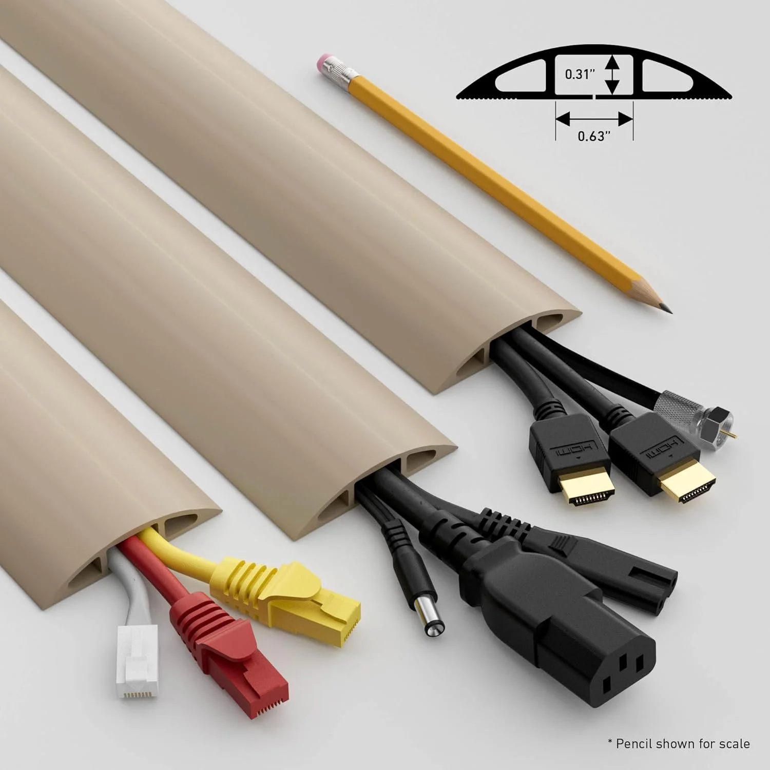 محافظ کابل زمینی D-Line به طول 6 فوت، محافظ سیم، پنهان کننده سیم های رابط، محافظت از سیم ها، جلوگیری از گیر کردن کابل، محافظ سیم سنگین - فضای کابل = 0.63 اینچ (عرض) x 0.31 اینچ (ارتفاع) - بژ