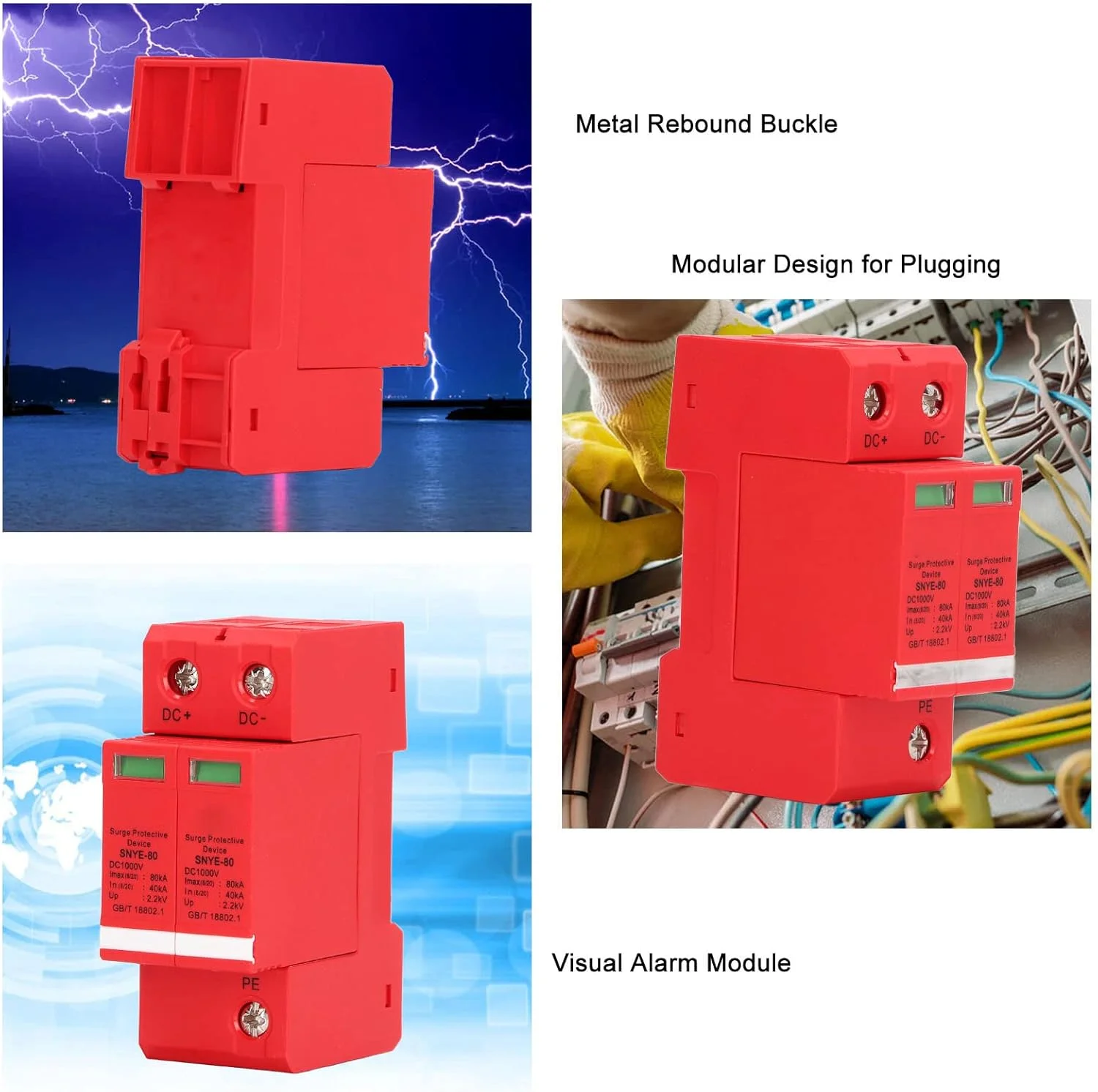 دستگاه برقگیر ولتاژ 80KA DC 1000V، دستگاه محافظت از موج سریع پاسخ، محافظ برق خانگی دستگاه قطع کننده حفاظت از موج ریلی Din برای تجهیزات الکتریکی (2P)