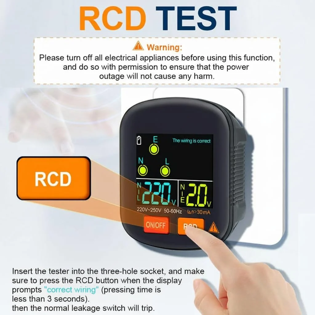 تستر مدار و پریز GFCI کاست ویو، تستر مدار GFCI حرفه ای با صفحه نمایش LCD، تستر پریز و سوکت قابل اعتماد برای ایمنی خانه، سازگار با دوشاخه برق انگلستان