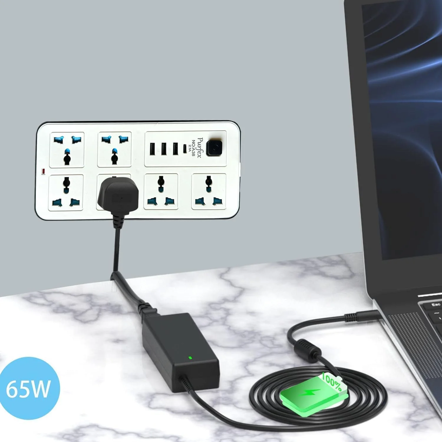 پریز برق یونیورسال Purfex با دوشاخه UK، دارای 6 پریز برق، 3 پورت USB و 1 پورت Type-C، سیم برق 1.8 متری برای خانه، آشپزخانه و اداره (بسته ترکیبی)