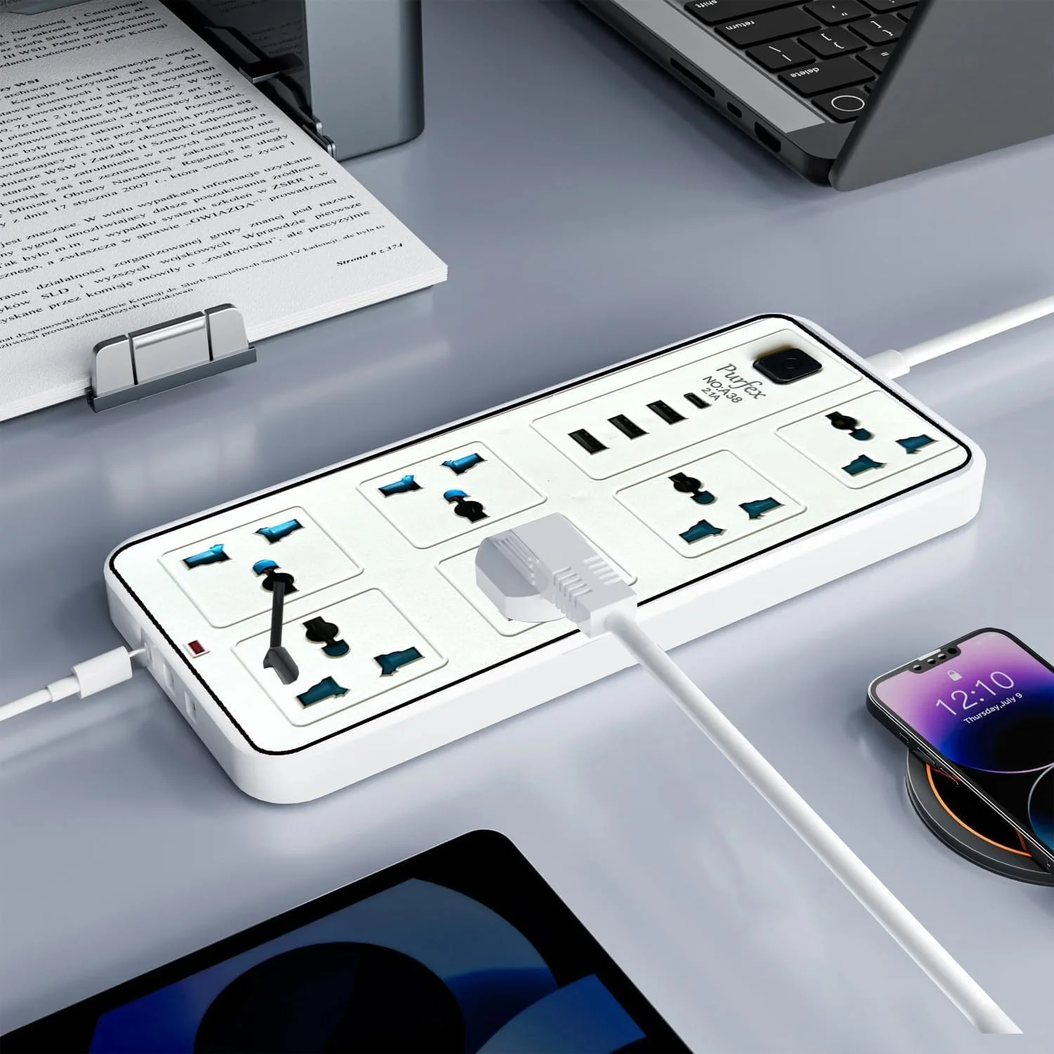 پریز برق یونیورسال Purfex با دوشاخه UK، دارای 6 پریز برق، 3 پورت USB و 1 پورت Type-C، سیم برق 1.8 متری برای خانه، آشپزخانه و اداره (بسته ترکیبی)