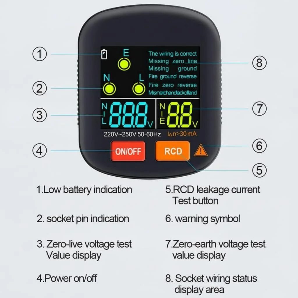 تستر مدار و پریز GFCI کاست ویو، تستر مدار GFCI حرفه ای با صفحه نمایش LCD، تستر پریز و سوکت قابل اعتماد برای ایمنی خانه، سازگار با دوشاخه برق انگلستان