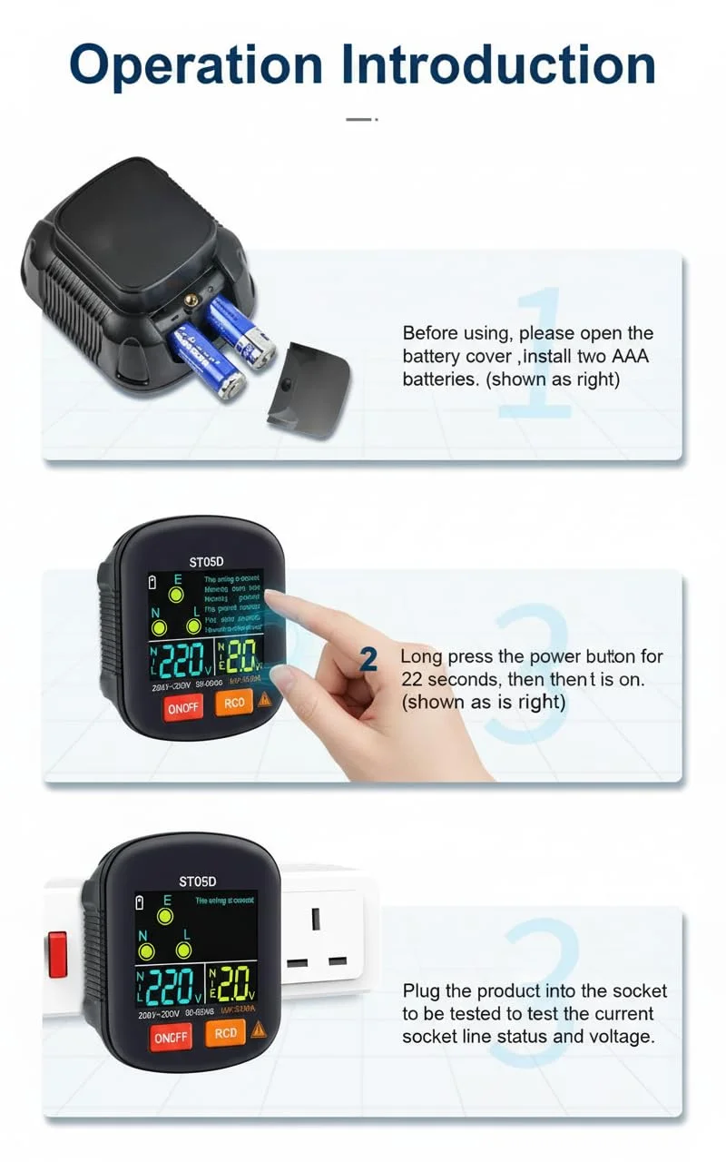 تستر مدار و پریز GFCI کاست ویو، تستر مدار GFCI حرفه ای با صفحه نمایش LCD، تستر پریز و سوکت قابل اعتماد برای ایمنی خانه، سازگار با دوشاخه برق انگلستان