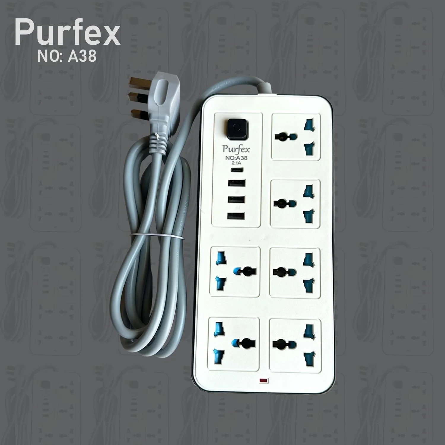 پریز برق یونیورسال Purfex با دوشاخه UK، دارای 6 پریز برق، 3 پورت USB و 1 پورت Type-C، سیم برق 1.8 متری برای خانه، آشپزخانه و اداره (بسته ترکیبی)
