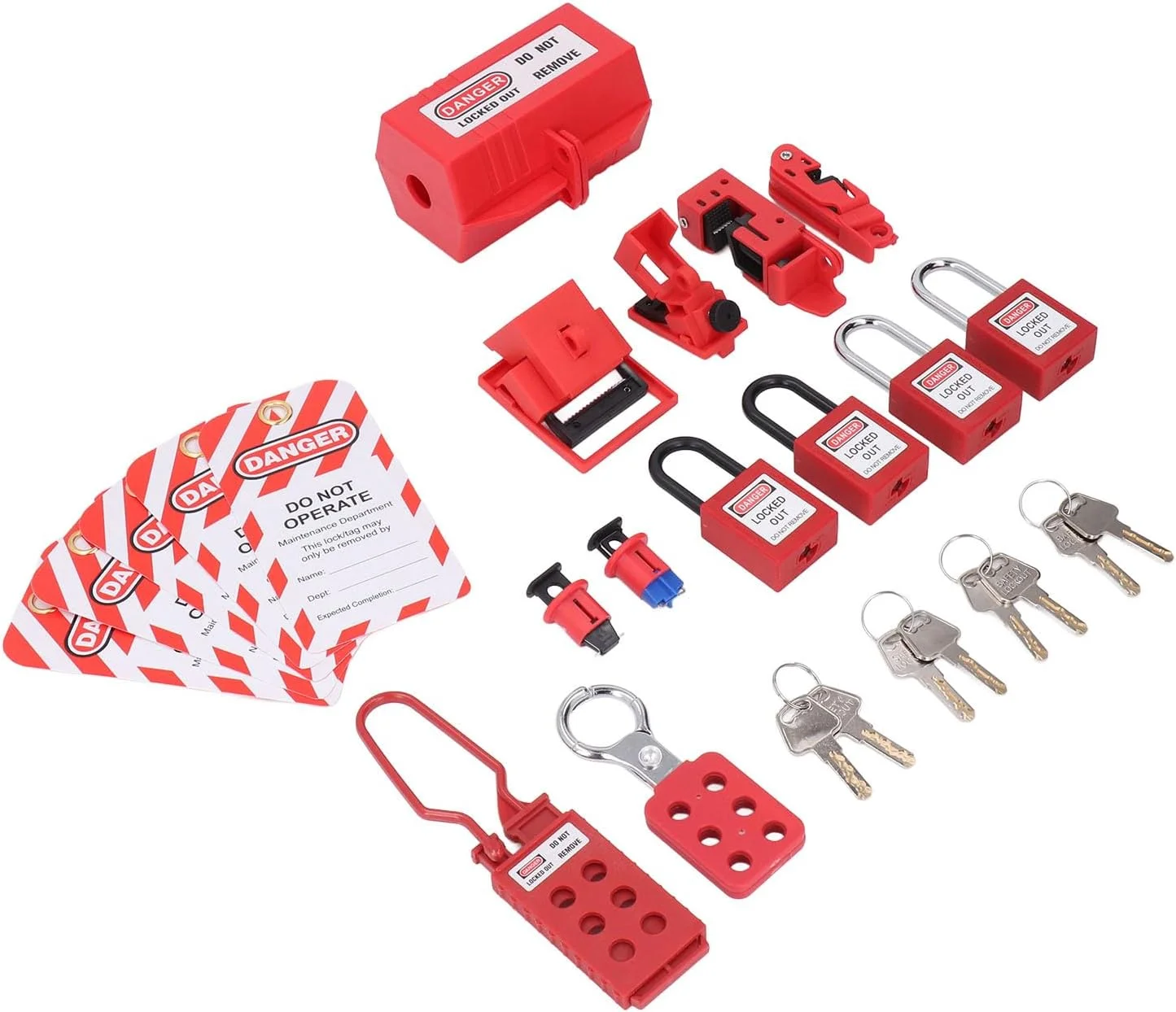 کیت قفل گذاری و برچسب گذاری الکتریکی، بست های قفل گروهی، برچسب قفل، قفل های ایمنی، آویزهای کلید و کیف نگهداری برای قفل گذاری ایمن الکتریکی (قرمز)