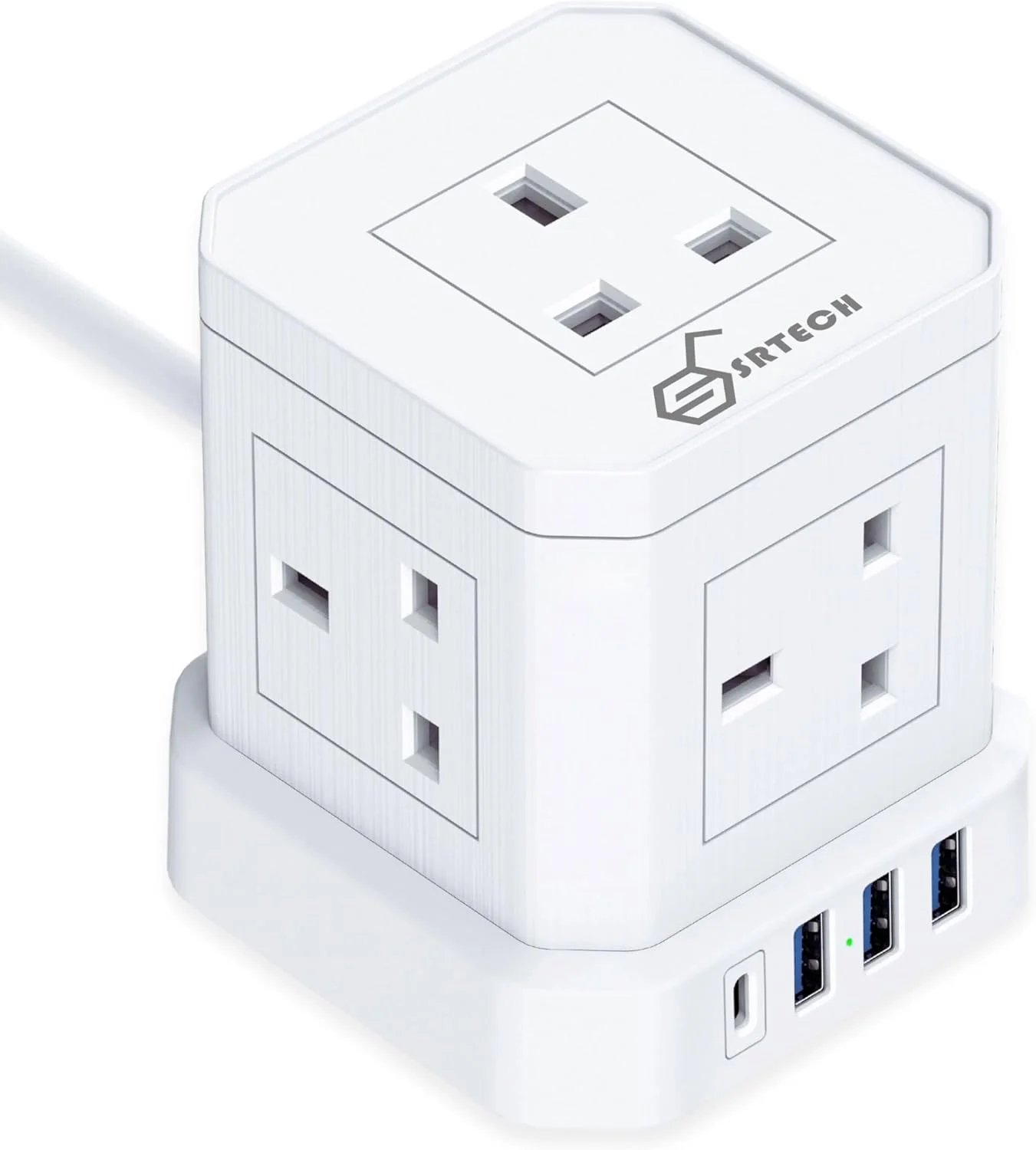 چندراهی برق SRTECH، سیم سیار 5 خانه سفید، طراحی مکعبی با 1 پورت USB-C و 3 پورت شارژ USB-A، محافظ برق، سیم مقاوم و فیوزدار، کابل افزایش طول برق چند شاخه