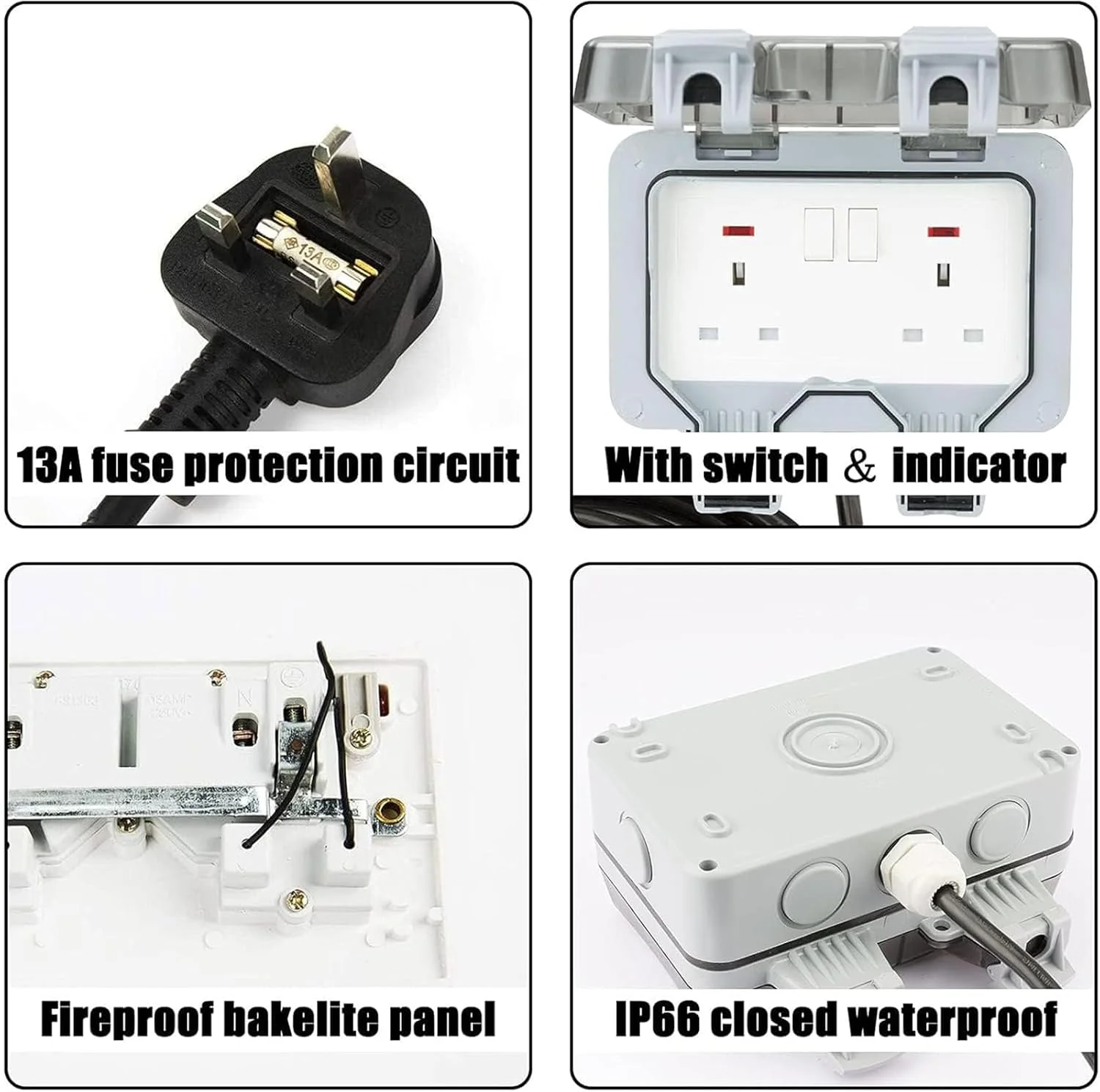 پریز برق فضای باز MOTIM، کابل سیار 3 متری ضد آب IP66 با کلید و چراغ نشانگر، جعبه پریز برق دیواری برای باغ و گاراژ