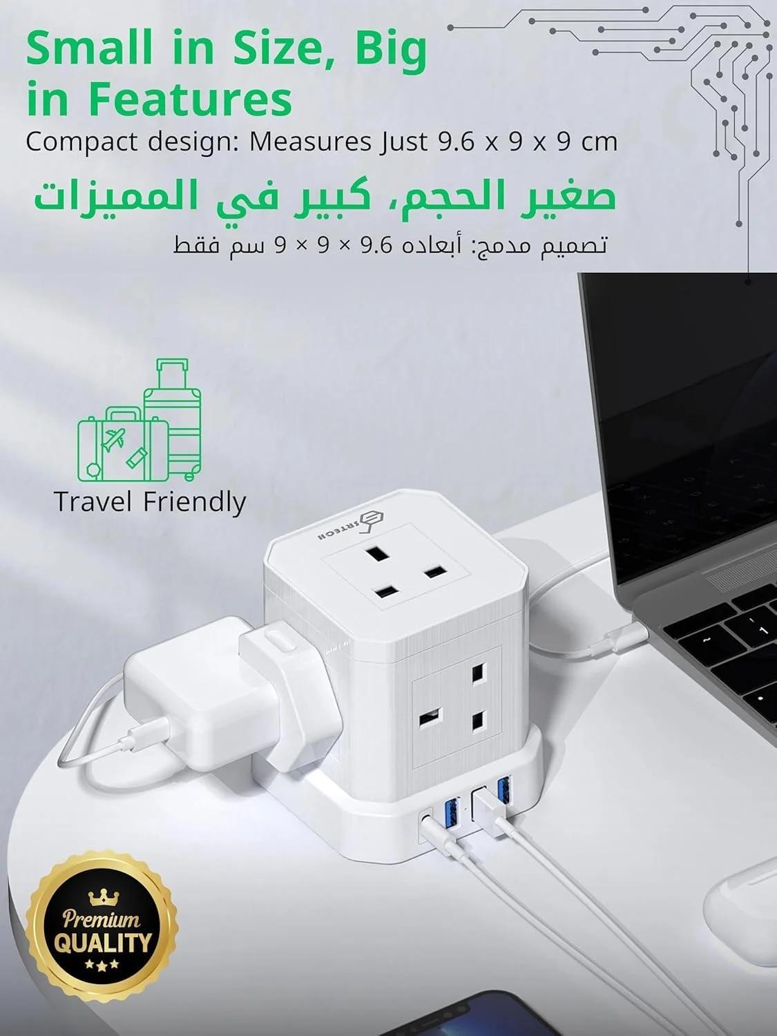 چندراهی برق SRTECH، سیم سیار 5 خانه سفید، طراحی مکعبی با 1 پورت USB-C و 3 پورت شارژ USB-A، محافظ برق، سیم مقاوم و فیوزدار، کابل افزایش طول برق چند شاخه - تصویر 3 چندراهی برق SRTECH، سیم سیار 5 خانه سفید، طراحی مکعبی با 1 پورت USB-C و 3 پورت شارژ USB-A، محافظ برق، سیم مقاوم و فیوزدار، کابل افزایش طول برق چند شاخه - تصویر 3