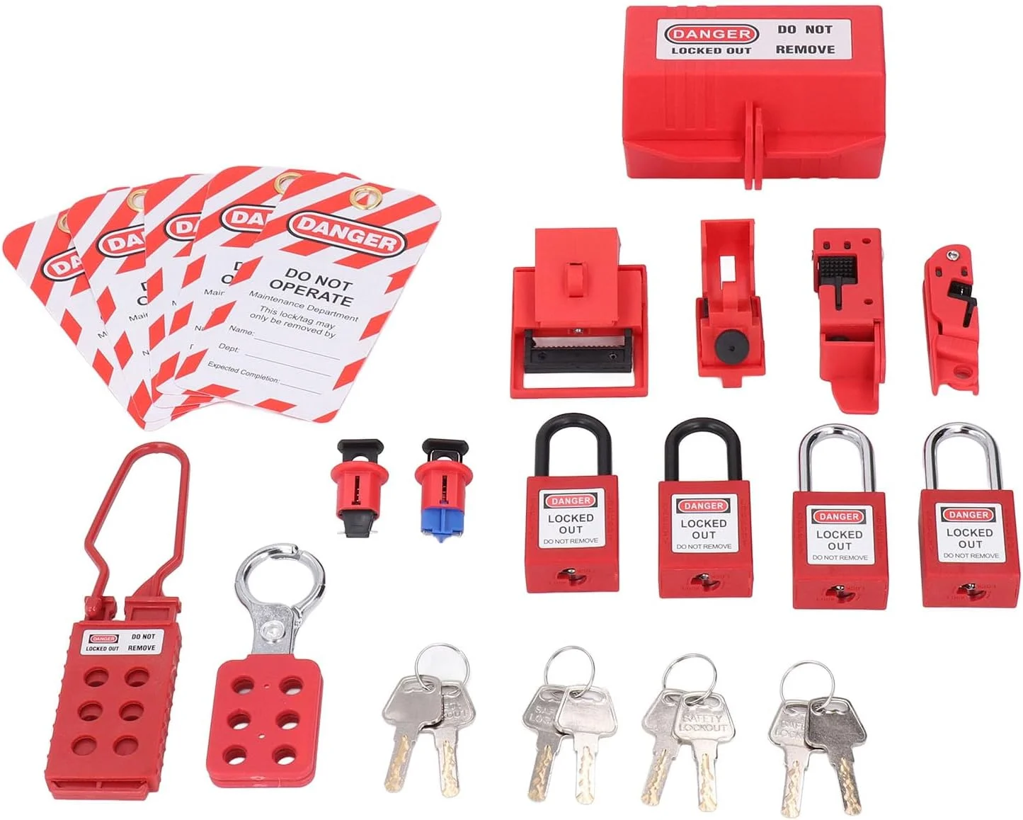 کیت قفل گذاری و برچسب گذاری الکتریکی، بست های قفل گروهی، برچسب قفل، قفل های ایمنی، آویزهای کلید و کیف نگهداری برای قفل گذاری ایمن الکتریکی (قرمز)