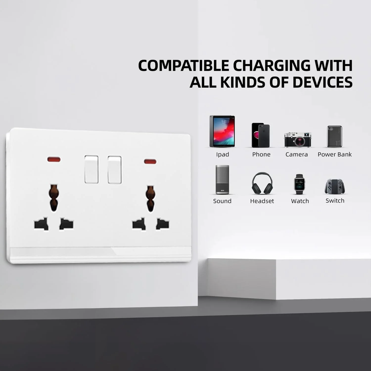 پریز برق دیواری دو قلو یونیورسال 13 آمپر با شاترهای ایمنی، پریز برق دیواری دوگانه با سوئیچ های کنترل جداگانه برای مصارف خانگی، اداری و تجاری پریز برق دیواری دو قلو یونیورسال 13 آمپر با شاترهای ایمنی، پریز برق دیواری دوگانه با سوئیچ های کنترل جداگانه برای مصارف خانگی، اداری و تجاری