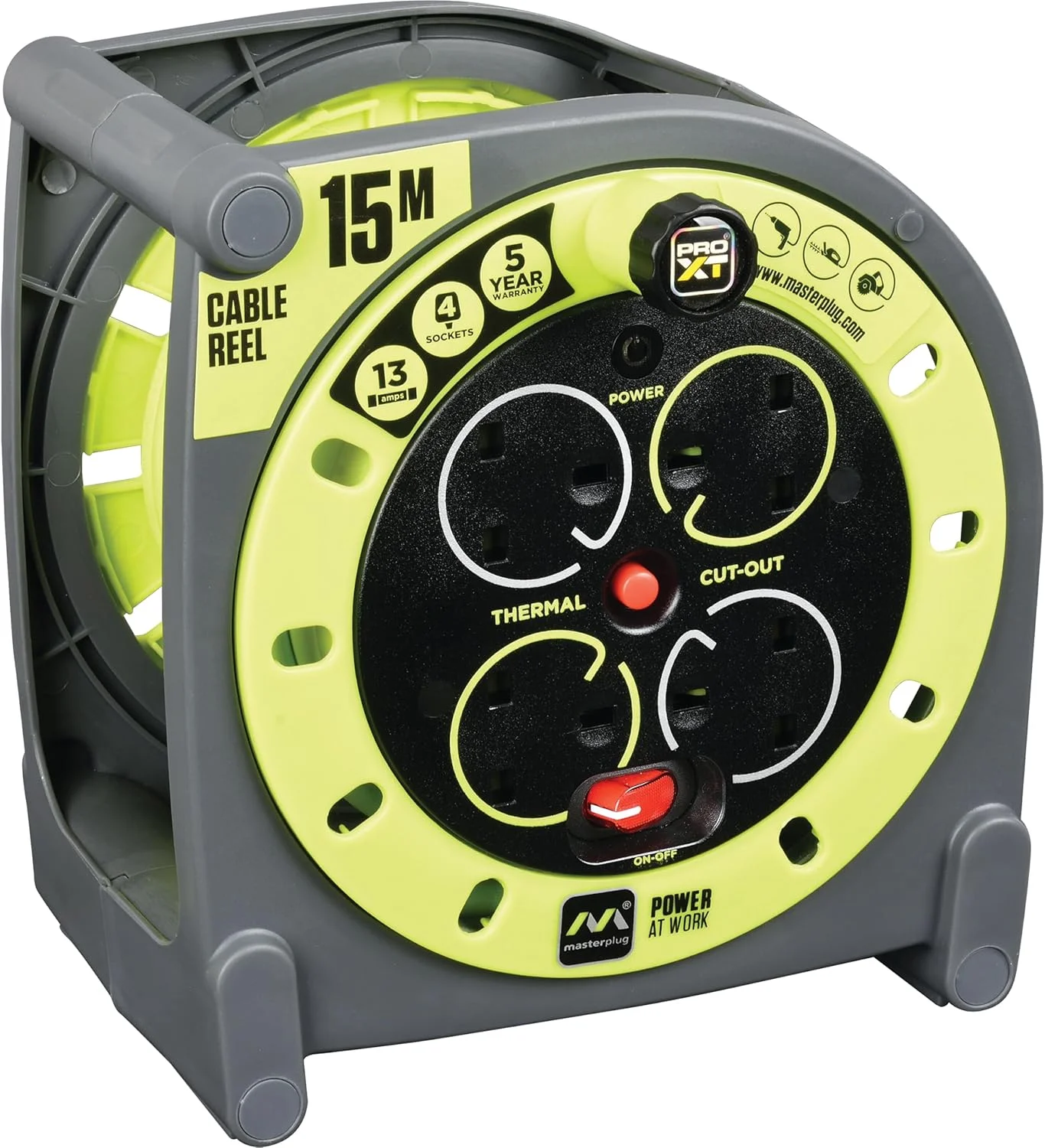 سیم سیار قرقره ای مسترپلاگ Pro-XT مدل HMU15134SL-PX با چهار پریز، دسته جمع کننده کابل، قطع کننده حرارتی و کلید روشن/خاموش، کابل 15 متری با دید بالا