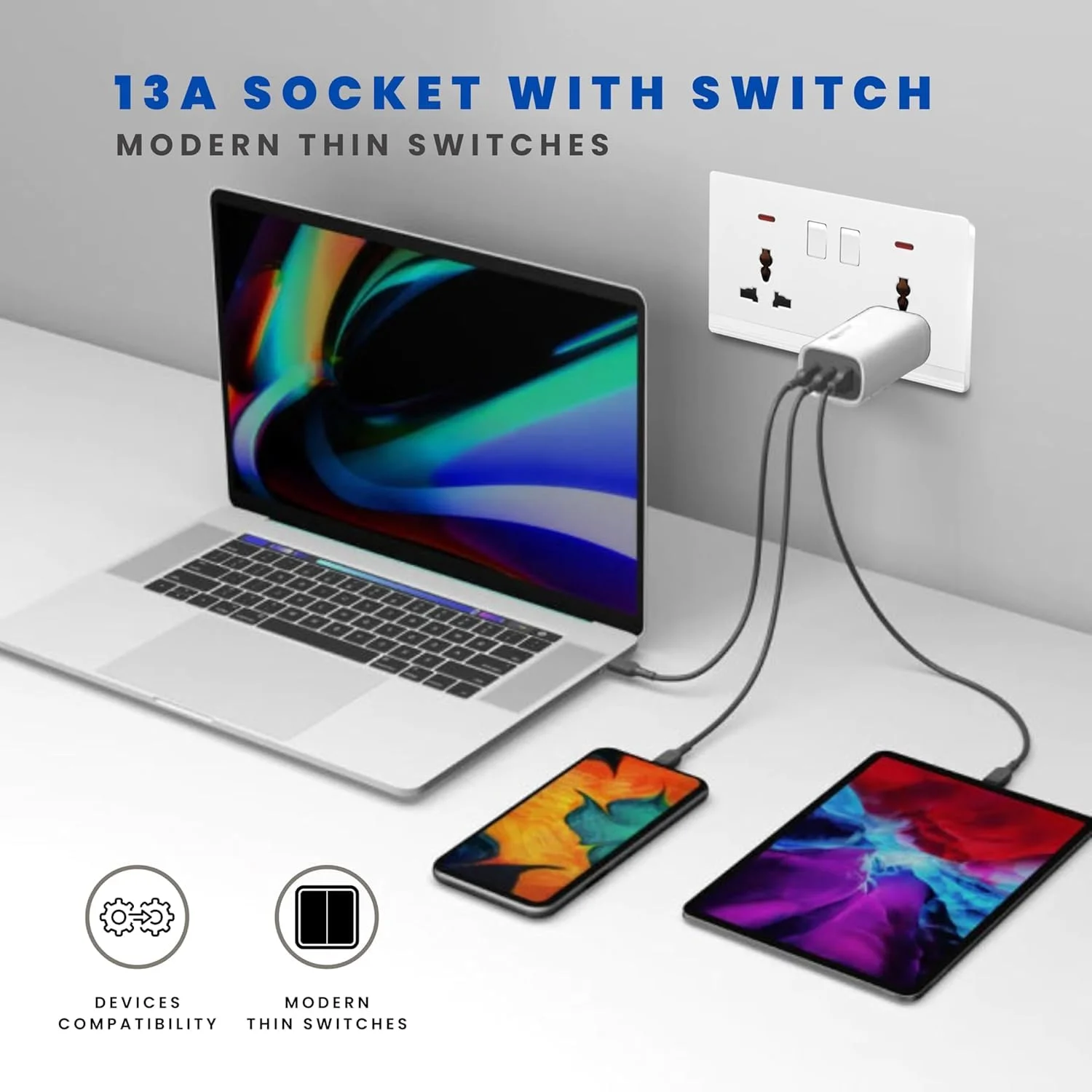 پریز برق دیواری دو قلو یونیورسال 13 آمپر با شاترهای ایمنی، پریز برق دیواری دوگانه با سوئیچ های کنترل جداگانه برای مصارف خانگی، اداری و تجاری پریز برق دیواری دو قلو یونیورسال 13 آمپر با شاترهای ایمنی، پریز برق دیواری دوگانه با سوئیچ های کنترل جداگانه برای مصارف خانگی، اداری و تجاری