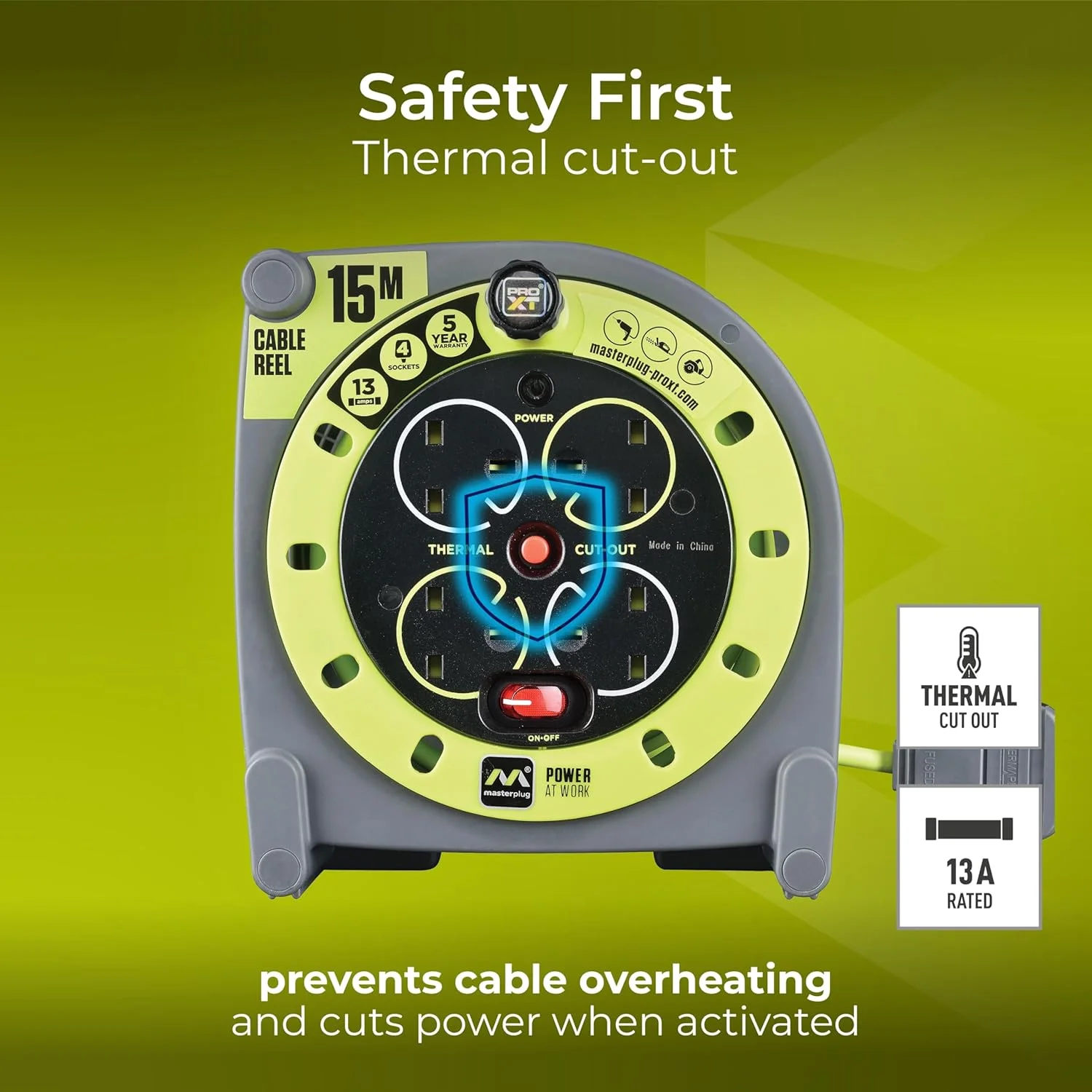 سیم سیار قرقره ای مسترپلاگ Pro-XT مدل HMU15134SL-PX با چهار پریز، دسته جمع کننده کابل، قطع کننده حرارتی و کلید روشن/خاموش، کابل 15 متری با دید بالا