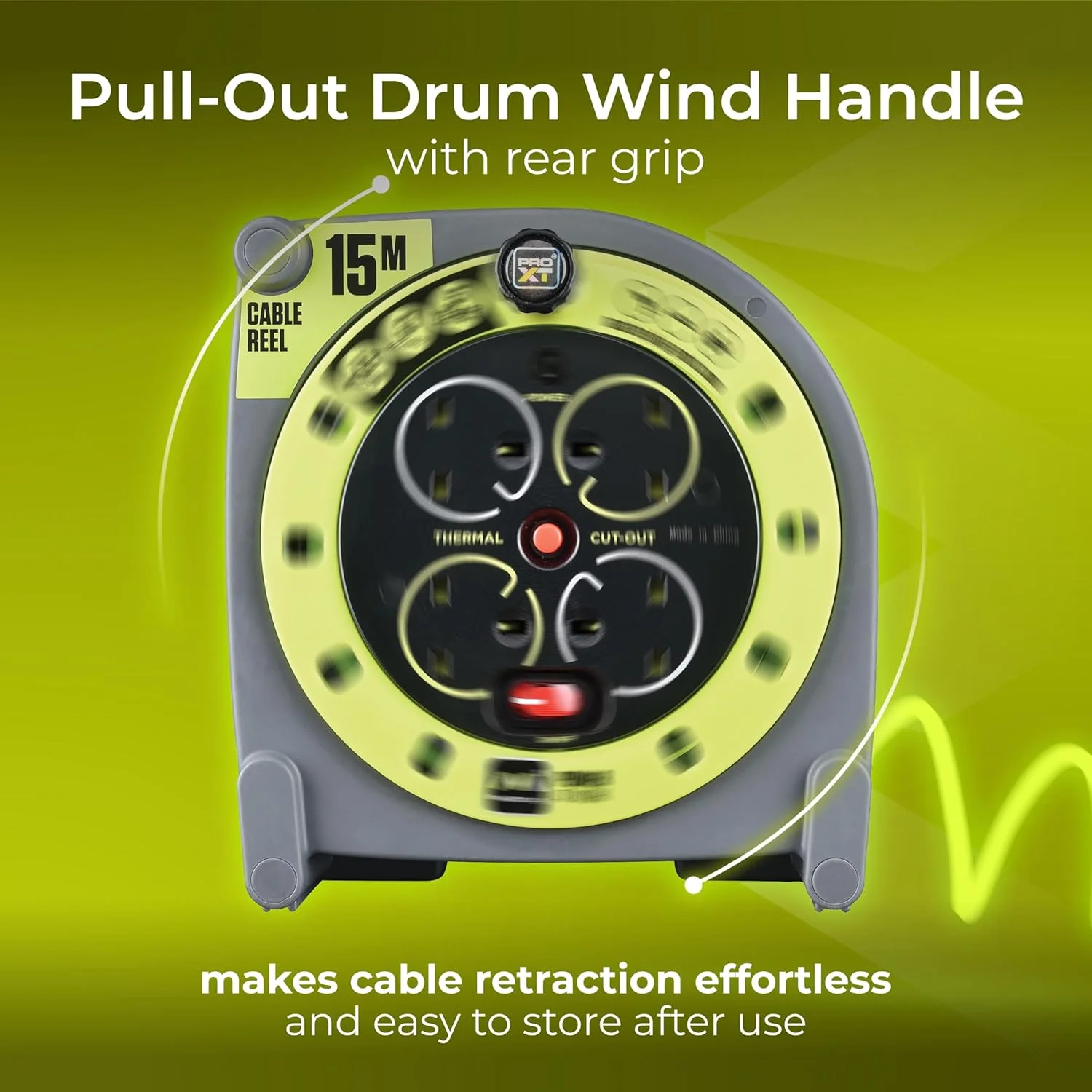 سیم سیار قرقره ای مسترپلاگ Pro-XT مدل HMU15134SL-PX با چهار پریز، دسته جمع کننده کابل، قطع کننده حرارتی و کلید روشن/خاموش، کابل 15 متری با دید بالا