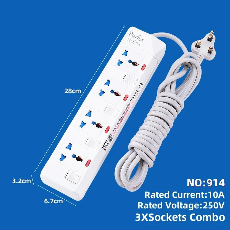سیم رابط برق Purfex | سوکت و کابل یونیورسال 3 متری، سیم رابط برق سنگین | آداپتور دوشاخه با 4 خروجی، محافظ برق مقاوم در برابر آتش برای خانه و محل کار