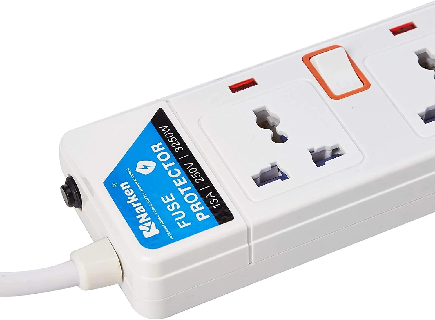 سیم سیار برق نارکن سری E، 4 پریز، سیم 10 متری، محافظ فیوز 13 آمپر با کلید تک پل مجزا و چراغ نشانگر، حداکثر 13 آمپر، 3250 وات، AC 250 ولت